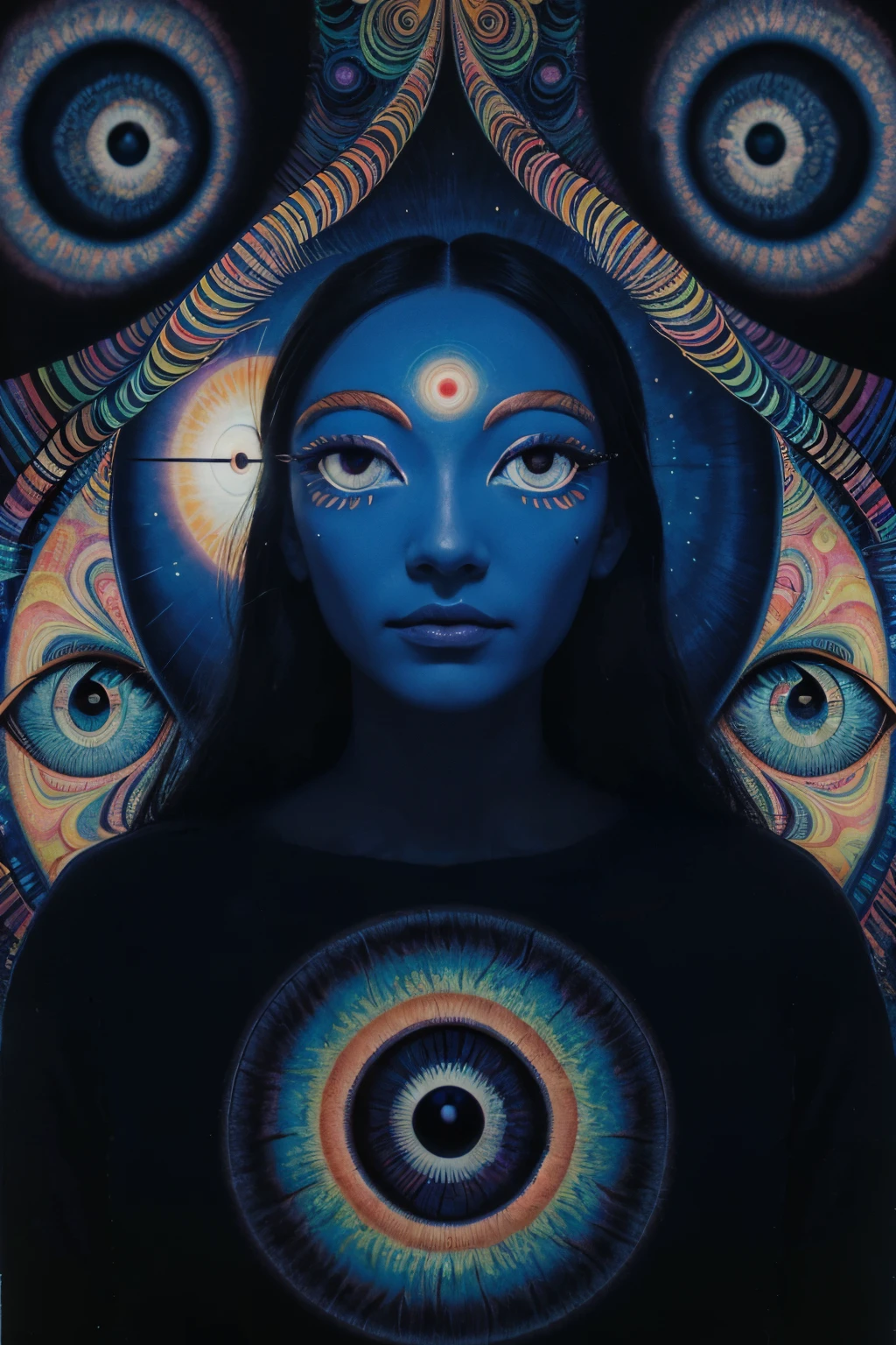a painting of an eye with a mountain in the background, all - seeing eye, psychedelic cosmic horror, third - eye visions, 3rd eye, by Hiroshi Nagai, third eye, all seeing eye, ( all seeing eye ), paul laffoley, mystical third eye, otherworldly visuals, psychedelic illustration, mystic eye, void eyeballs, psychedelic artwork