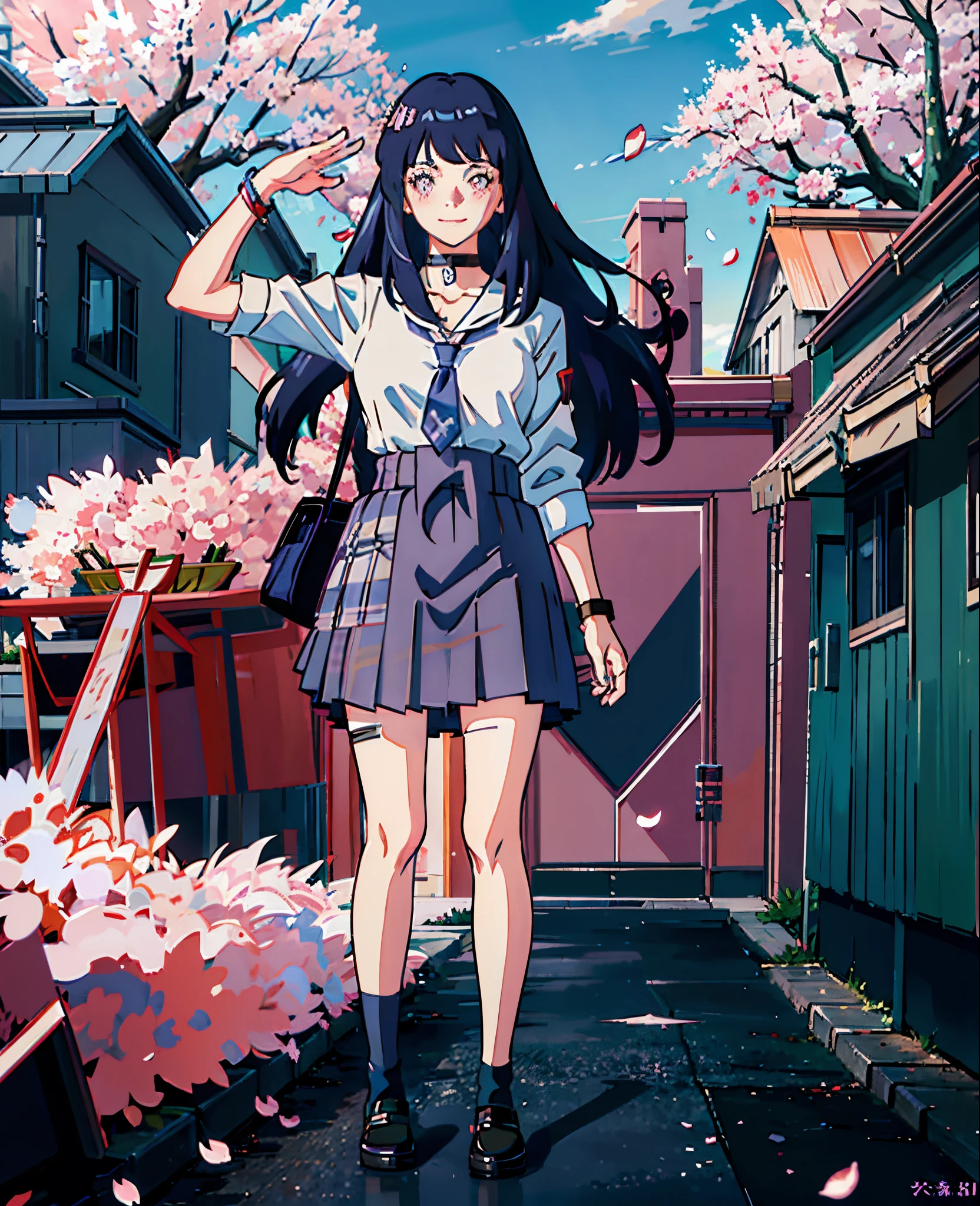masterpiece, best quality, salute, hand on hip, full body,
1girl, blunt bangs, black choker, black necktie, dark blue hair, blue skirt, blush, bracelet, breasts, choker, clothes around waist, collarbone, collared shirt, cowboy shot, dress shirt, ear piercing, eyebrows visible through hair, grin, gyaru, jewelry, kogal, long hair, looking at viewer, loose necktie, necktie, piercing, plaid, plaid skirt, pleated skirt, red eyes, ring, school uniform, shirt, skirt, smile, solo, white shirt,
street, sky, cherry blossoms, petals, hinata hyuga, TMND-Mix_II