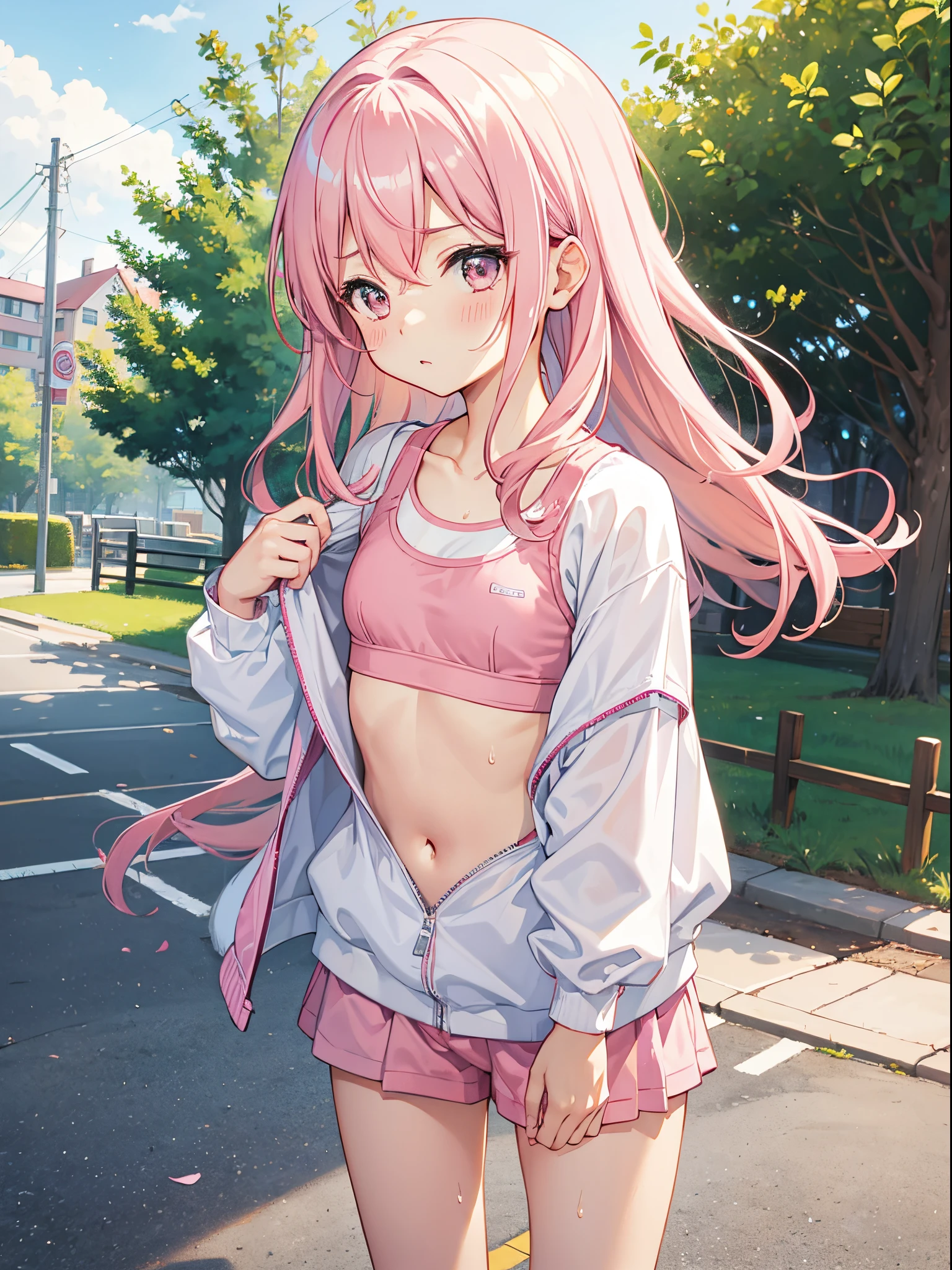 One girl、Pink hair、PastelColors、Cute、blush, tiny chest, running, white sports bra, morning, park, sweat