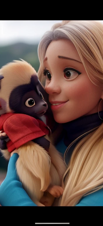 blonde woman with long hair holding a dark capuchin monkey in her arms, macacos, embracing with love and brotherhood, holding it out to the camera, looking happily at the camera, muito fofo, babies in her lap, Macaco no ombro, repousando no peito sentados olhando para o horizonte