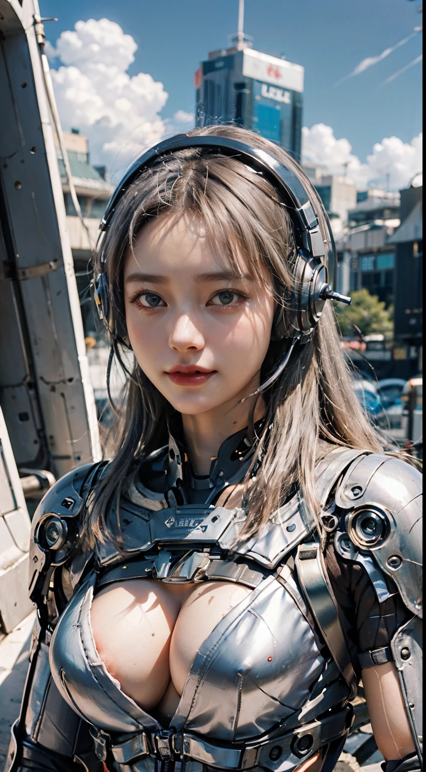 8K, best quality, masterpiece, super high resolution, (realism: 1.4), girl futuristic suit, in the sky, in cockpit, on the clouds, air battle, falling plane, mechanically built bird, real woman, cleavage, real face, cute girl, smile, perfect cyborg girl wearing sci-fi headphones, beautiful female , beautiful girl cyborg, silver hair, manipulator, CG,