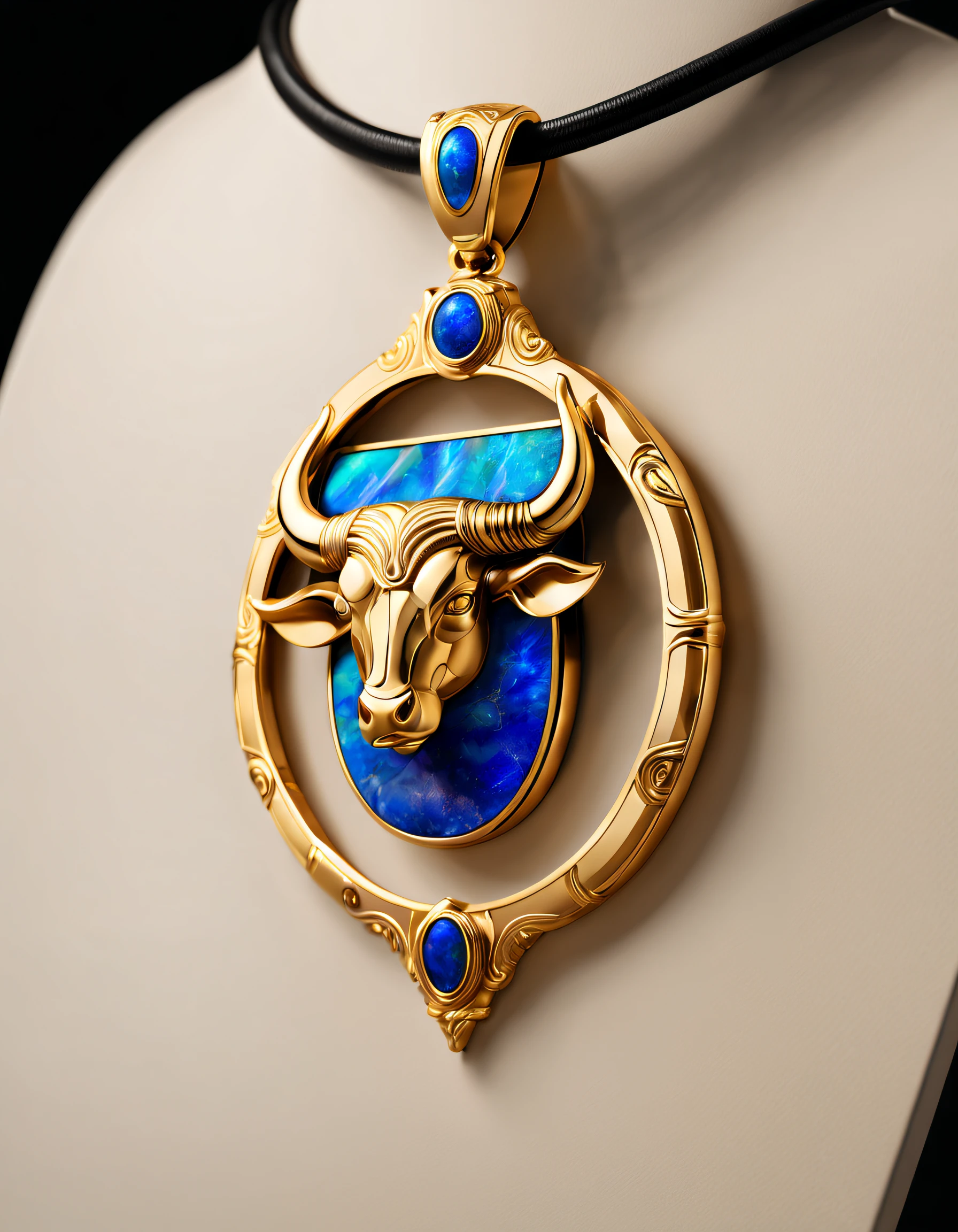Item design, pendant design, Logo design, (A pendant design for Taurus), (Set double opal), Black gold border, lapis lazuli,turquesa,black shell,Taurus symbol, Golden simple small calf head Van Cleef & Arpels & alpes , cartier, Background with: The white,The content is very detailed, Best quality, tmasterpiece, A high resolution, hyper realisitc, 8K, Cyclic lighting,
