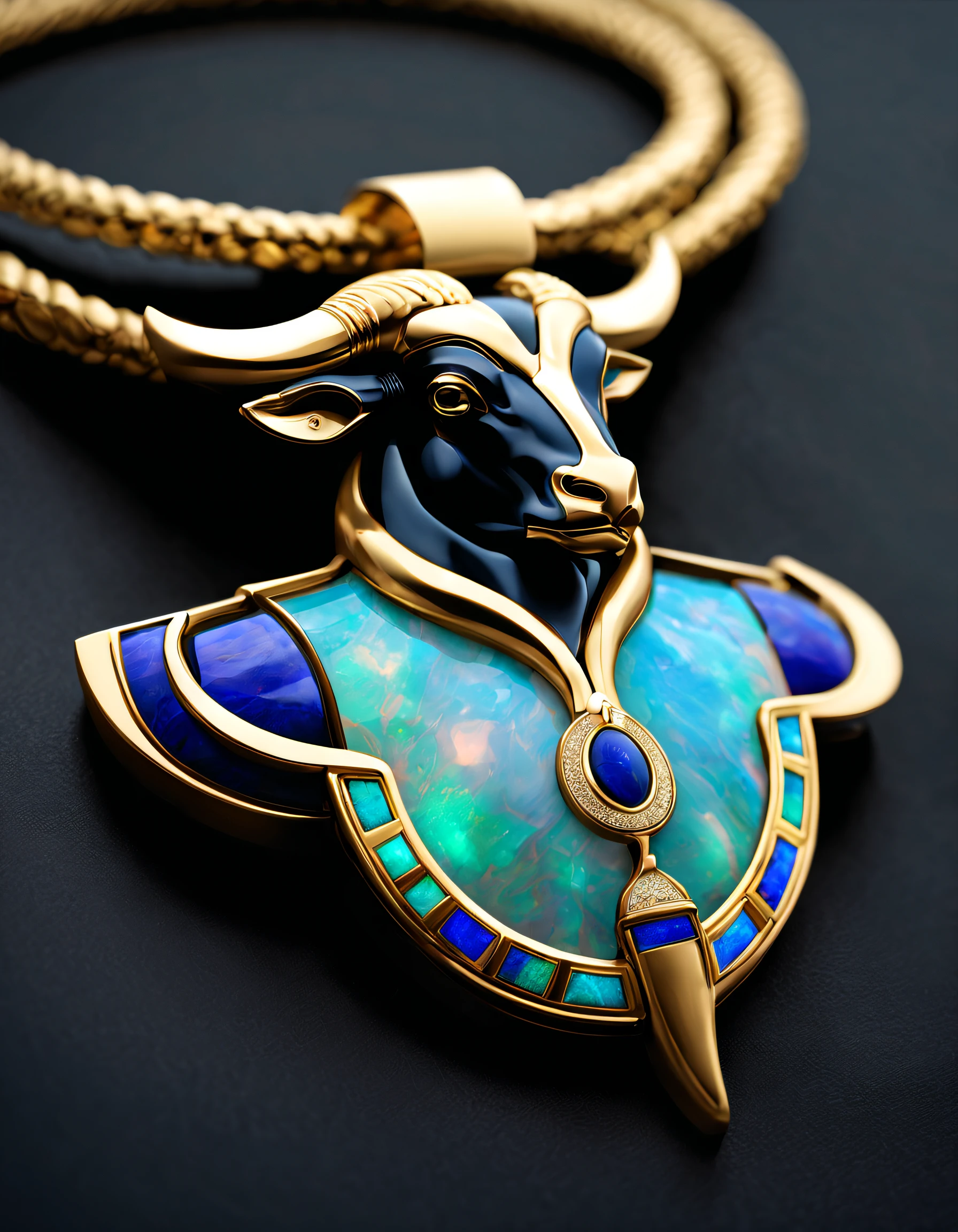Item design, pendant design, Logo design, (A pendant design for Taurus), (Set double opal), Black gold border, lapis lazuli,turquesa,black shell,Taurus symbol, Golden simple small calf head Van Cleef & Arpels & alpes , cartier, Background with: The white,The content is very detailed, Best quality, tmasterpiece, A high resolution, hyper realisitc, 8K, Cyclic lighting,