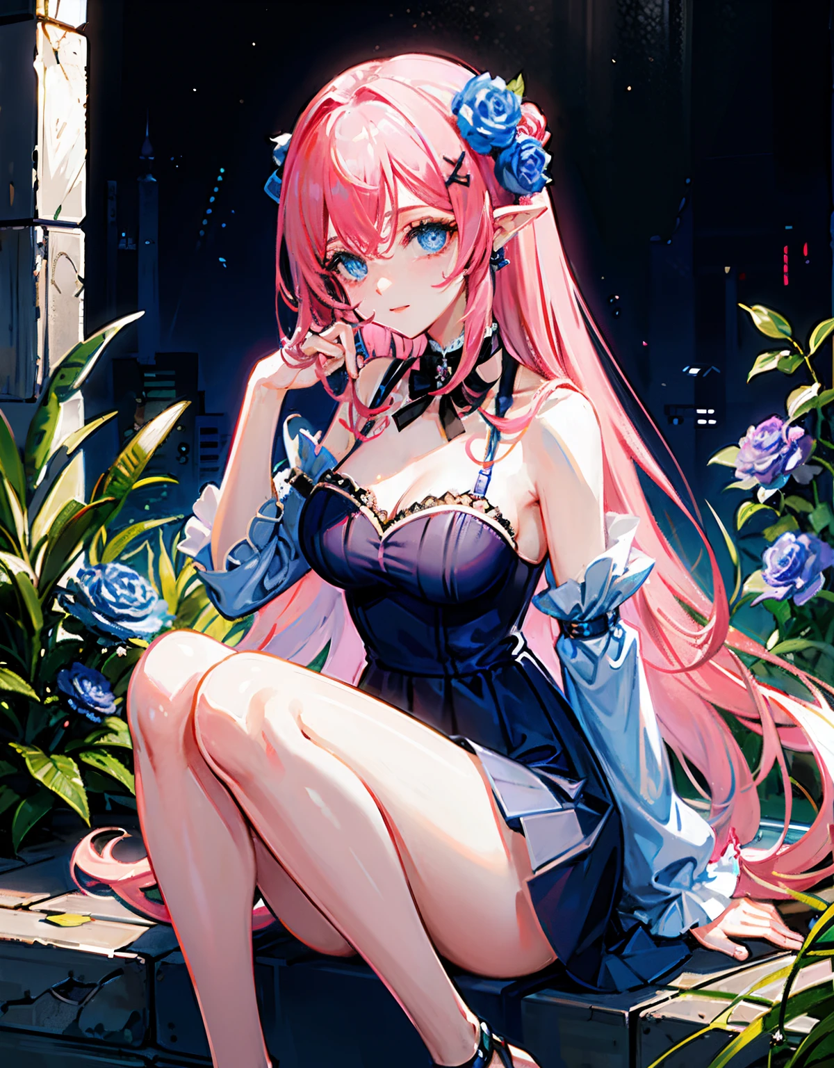 Blue rose flowers、Pink hair、Blue eyes、Cat-eared girl