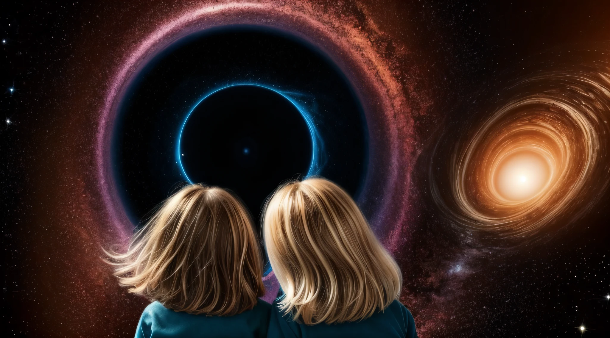 BLACK HOLE, there are two CHILDREN girls BLONDE HAIR in front