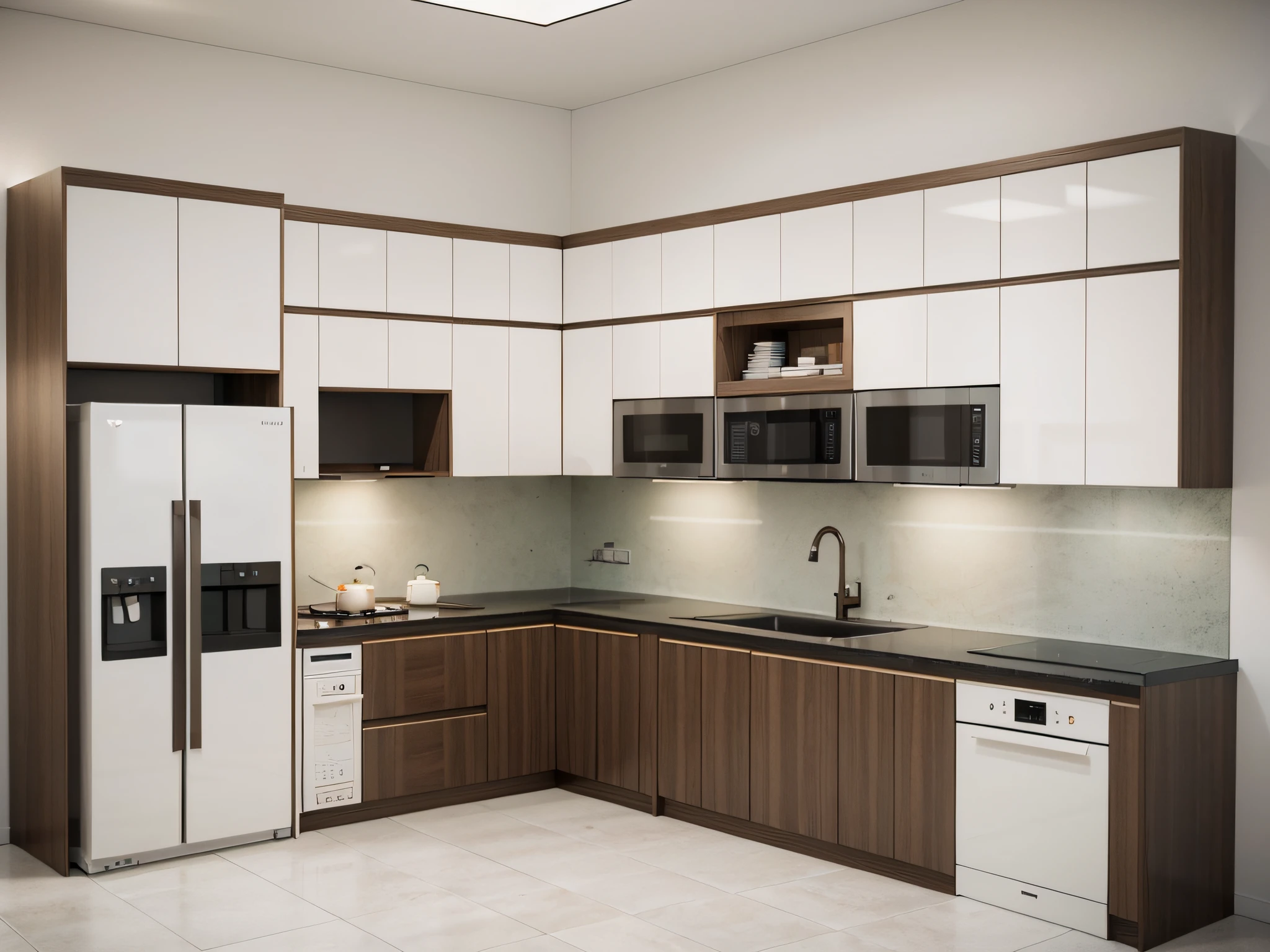 morden kitchen design,Super sharp like photos taken with a professional camera, (Masterpiece,best quality,8k uhd,dslr,soft lighting,high quality,hyper detail,film grain,Fujifilm XT3, UE 5 render 8k, super high resolution, supper detail:1.2), color block wall decor, Cream color block wall decor, glossy floor, (((volumetric light))), pink tone, (((lmatte surface panel))), glossy floor