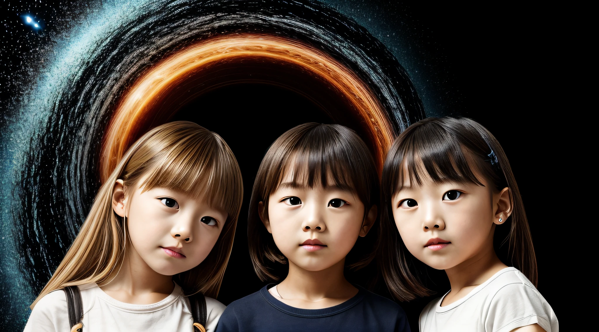 BLACK HOLE, there are two CHILDREN girls BLONDE HAIR in front