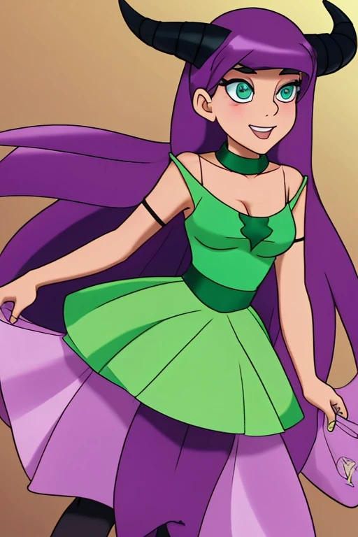 Cartoonish Rubber Hose "Demon Girl(Neckless)" in a Green and Purple Dress