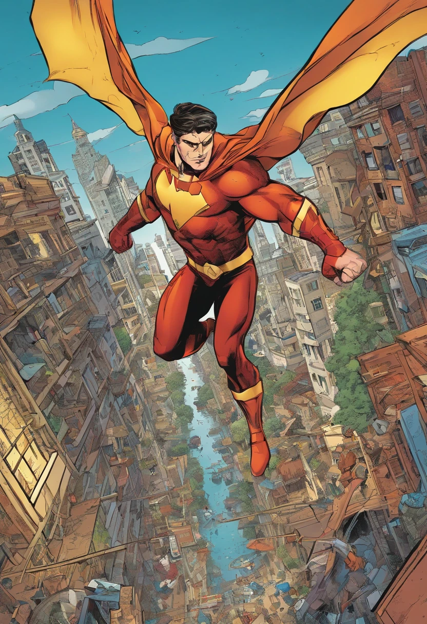 handsome super hero battling a villain flying above the street of the city with frightened citizens scatter in fear. Areal view looking down.