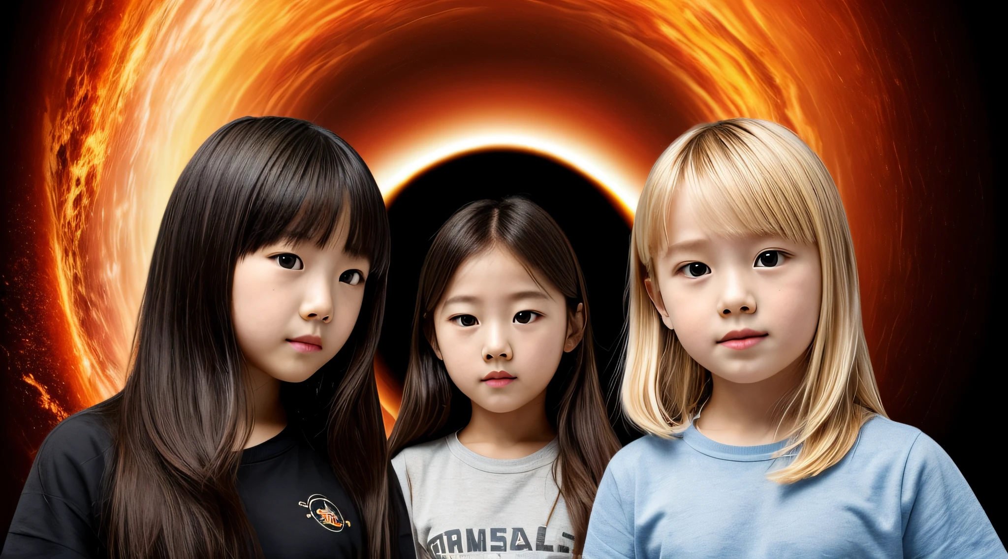 BLACK HOLE, there are two CHILDREN girls BLONDE HAIR in front
