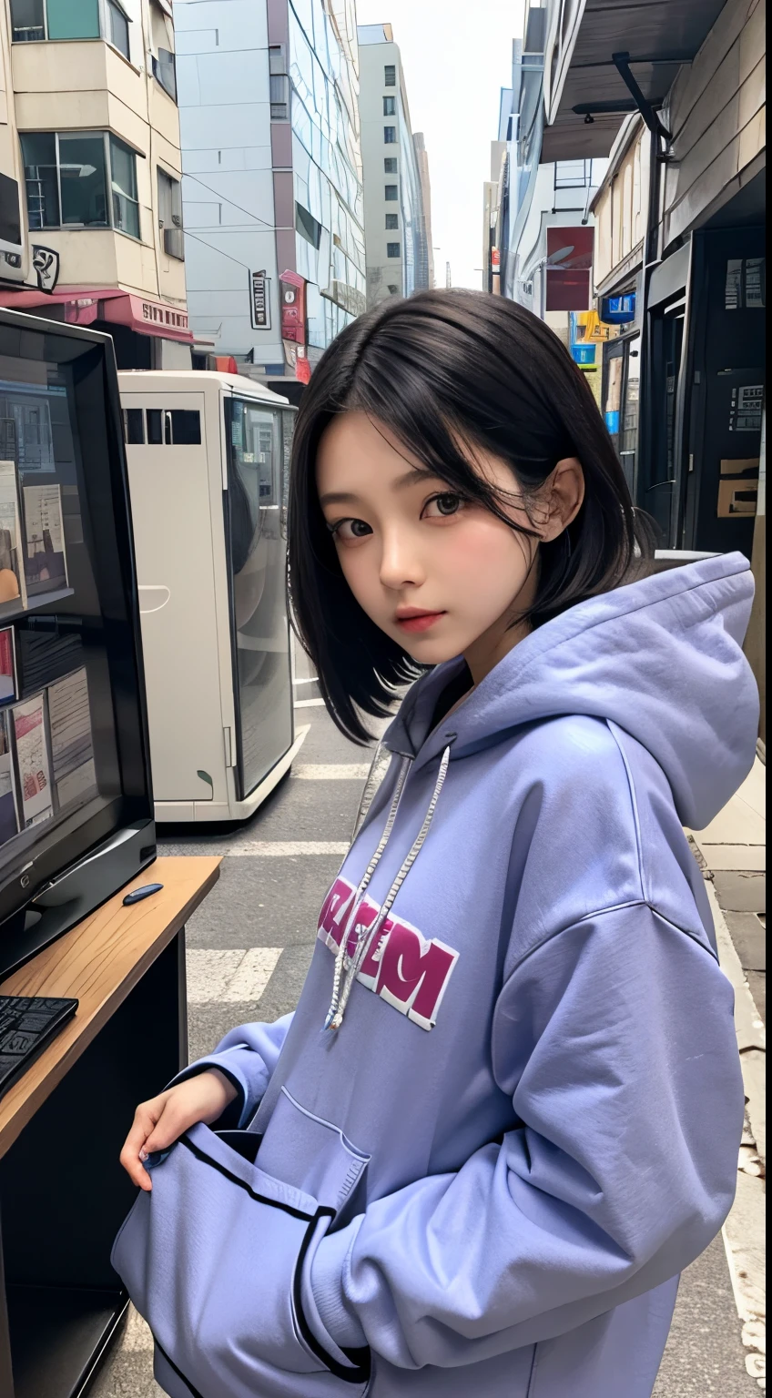 Anime Girl, white short hair, Purple eyes, Hoodie, personal computers, streamer, Vtuber, Street style