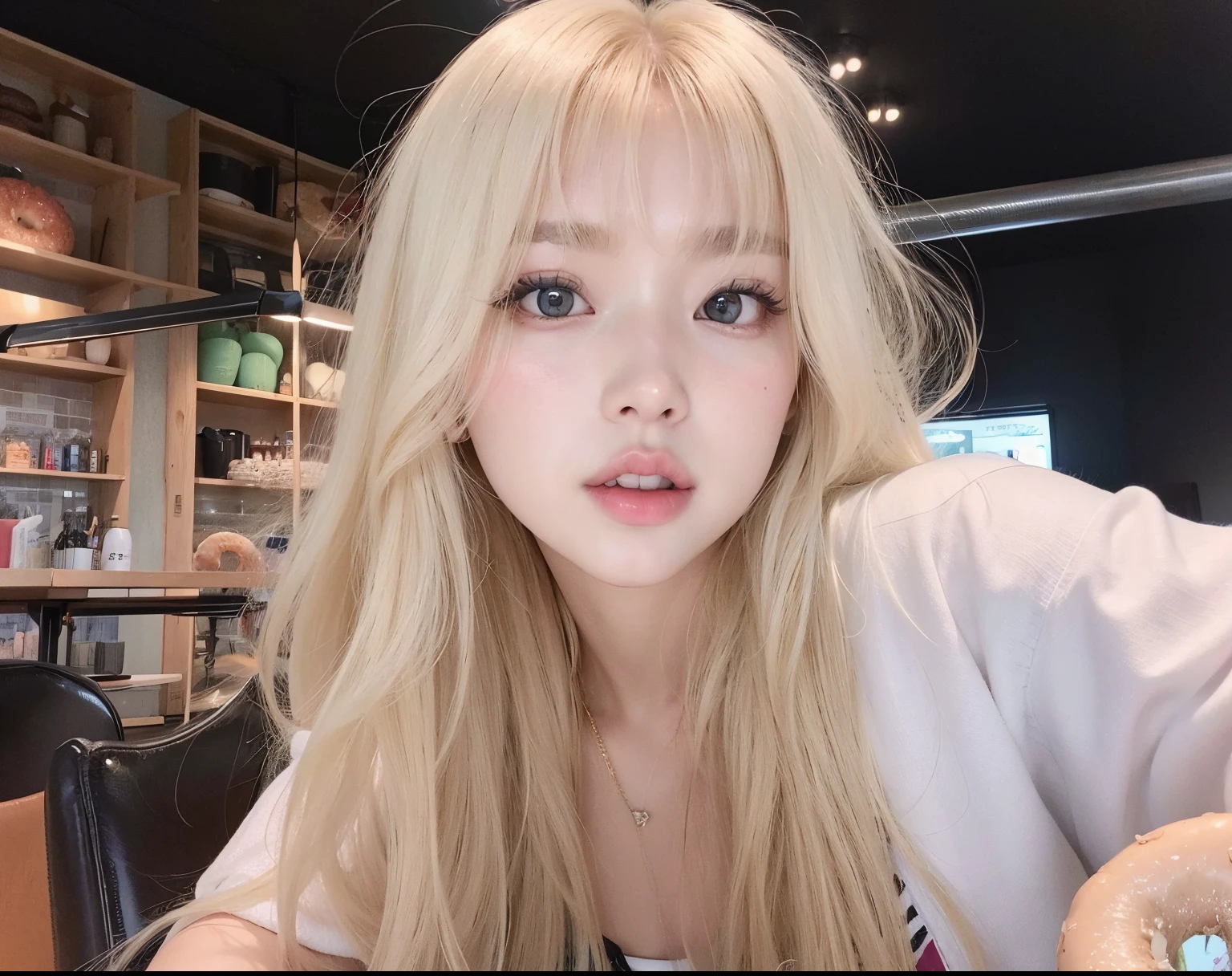blond woman with long hair sitting at a table with a donut, lalisa manobal, ulzzang, lalisa manoban of blackpink, long white hair and bangs, korean girl, with bangs, with full bangs, beautiful south korean woman, roseanne park of blackpink, white bangs, long hair with bangs, hair whitebangs hair, heonhwa choe