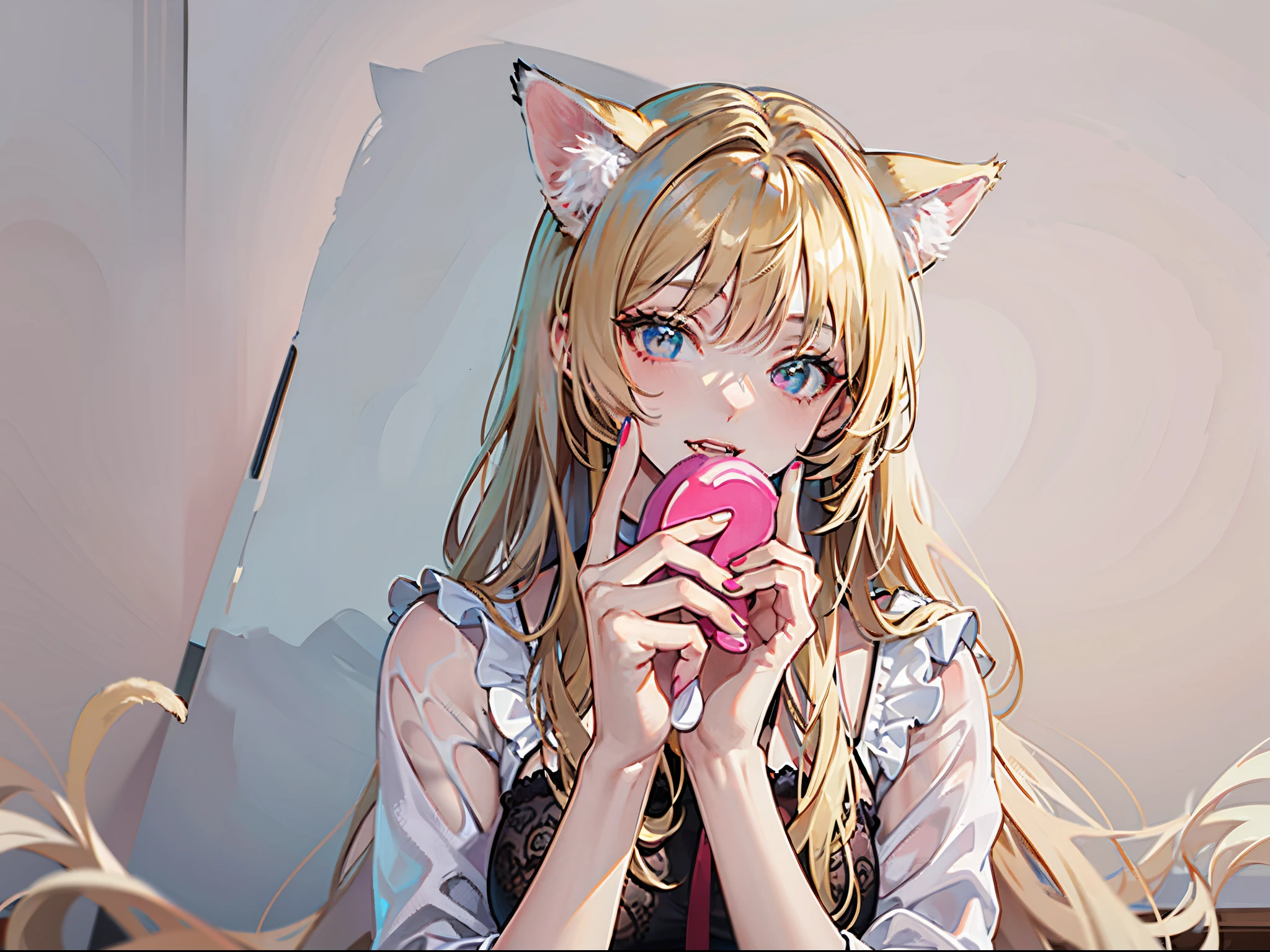 Blonde woman,Has cat ears,Holding pink cat toy in hand, White fox ears, Girl with cat ears, anime cat girl,Beautiful young catwoman, attractive cat girl, woman with cat ears
