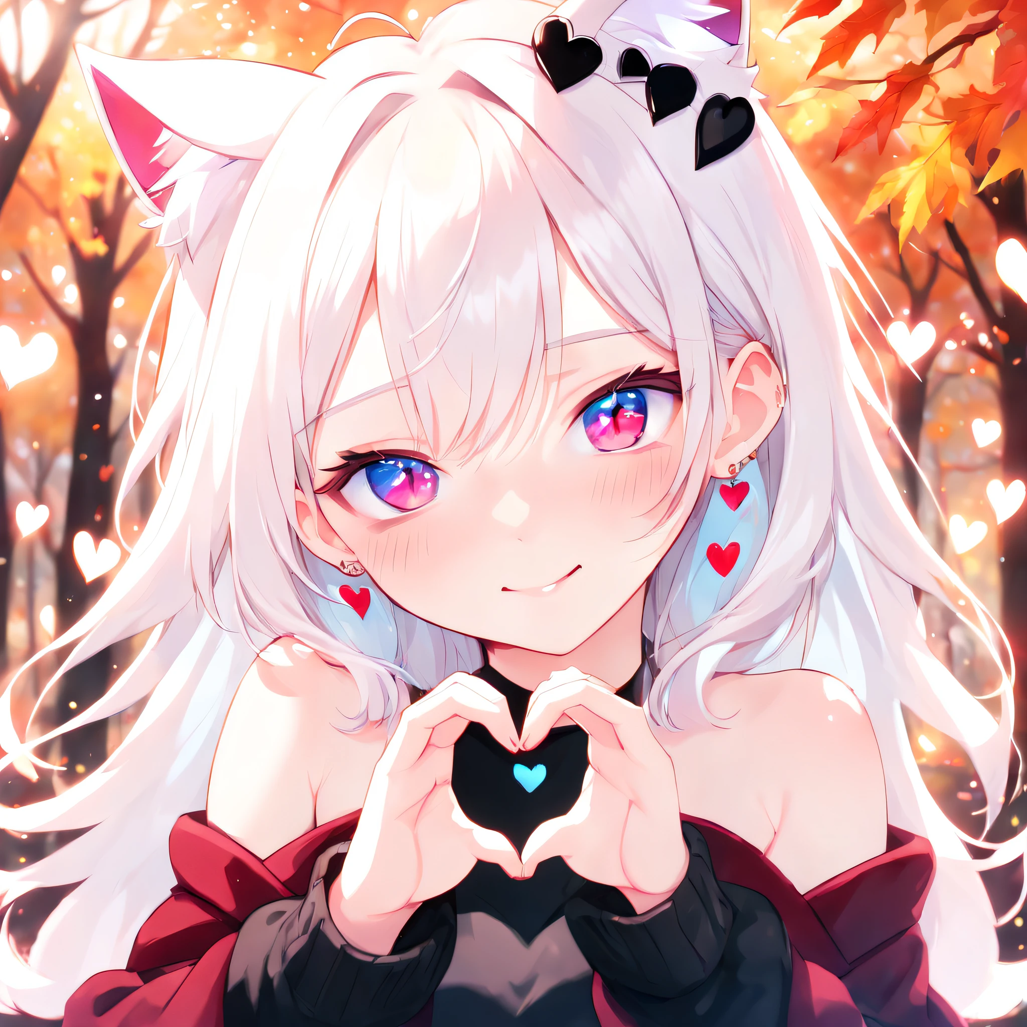 1 girl cat ears,heart shaped hands,Red velvet texture earrings，sweetheart,(eBlue eyes)， Long white hair，ssmile，bshoulder, shairband, Broken, Extremely luminous and bright design, pastelcolor, (ink:1.3), Autumn lights,(8K, Best quality, tmasterpiece:1.2),(Best quality:1.0), (Ultra-high sharpness:1.0)