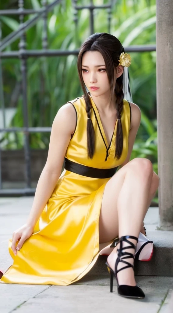 Mai Shiranui, (best quality, ultra-detalhado, Realistic:1.37), rosto delicado, rosto detalhado, expression serious, corpo perfeito, Textura ultrarrealista, Retrato, vivid colors, soft lighting, cabelo curto com pontas vermelhas, seios grandes