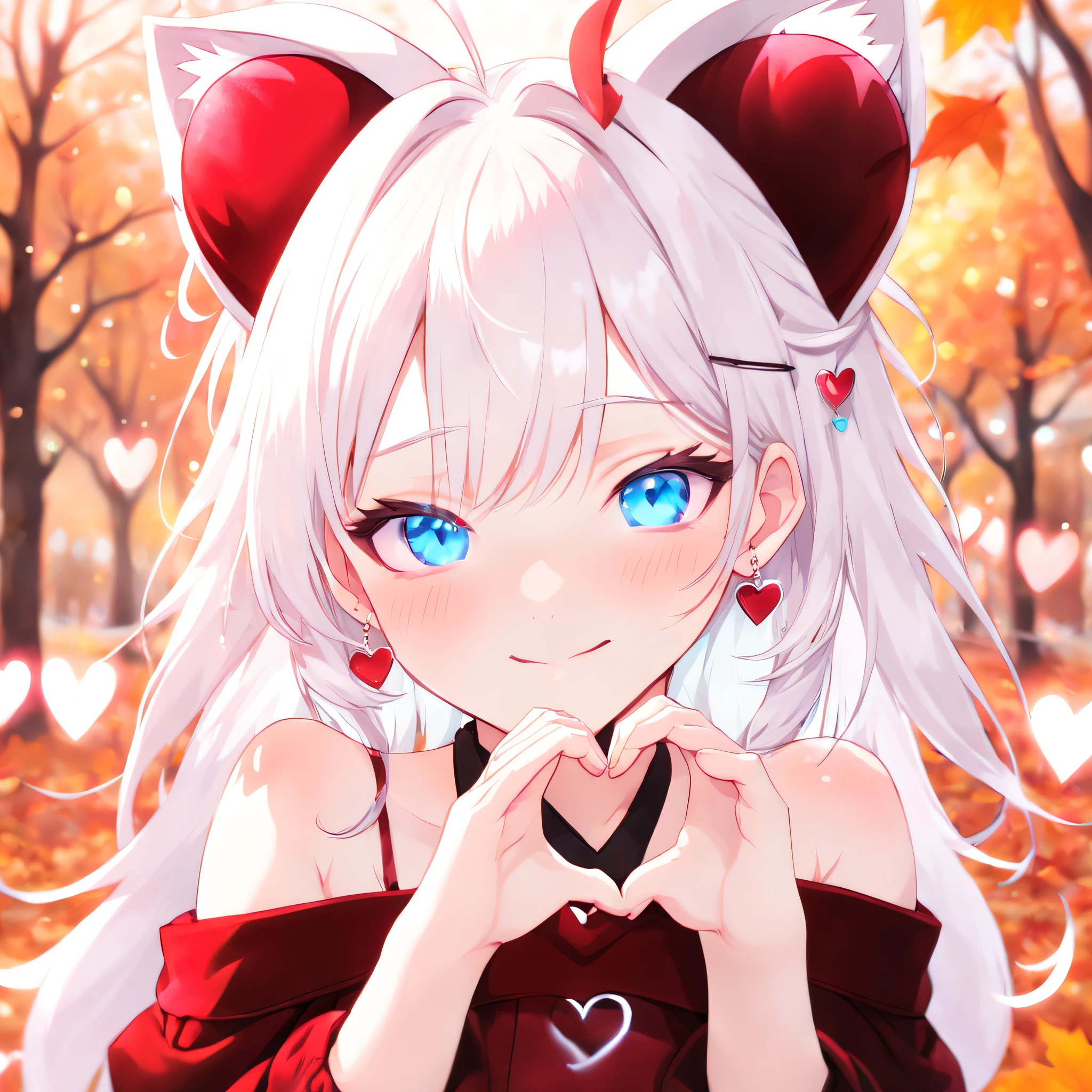 1 girl cat ears,heart shaped hands,Red velvet texture earrings，sweetheart,(eBlue eyes)， Long white hair，ssmile，bshoulder, shairband, Broken, Extremely luminous and bright design, pastelcolor, (ink:1.3), Autumn lights,(8K, Best quality, tmasterpiece:1.2),(Best quality:1.0), (Ultra-high sharpness:1.0)