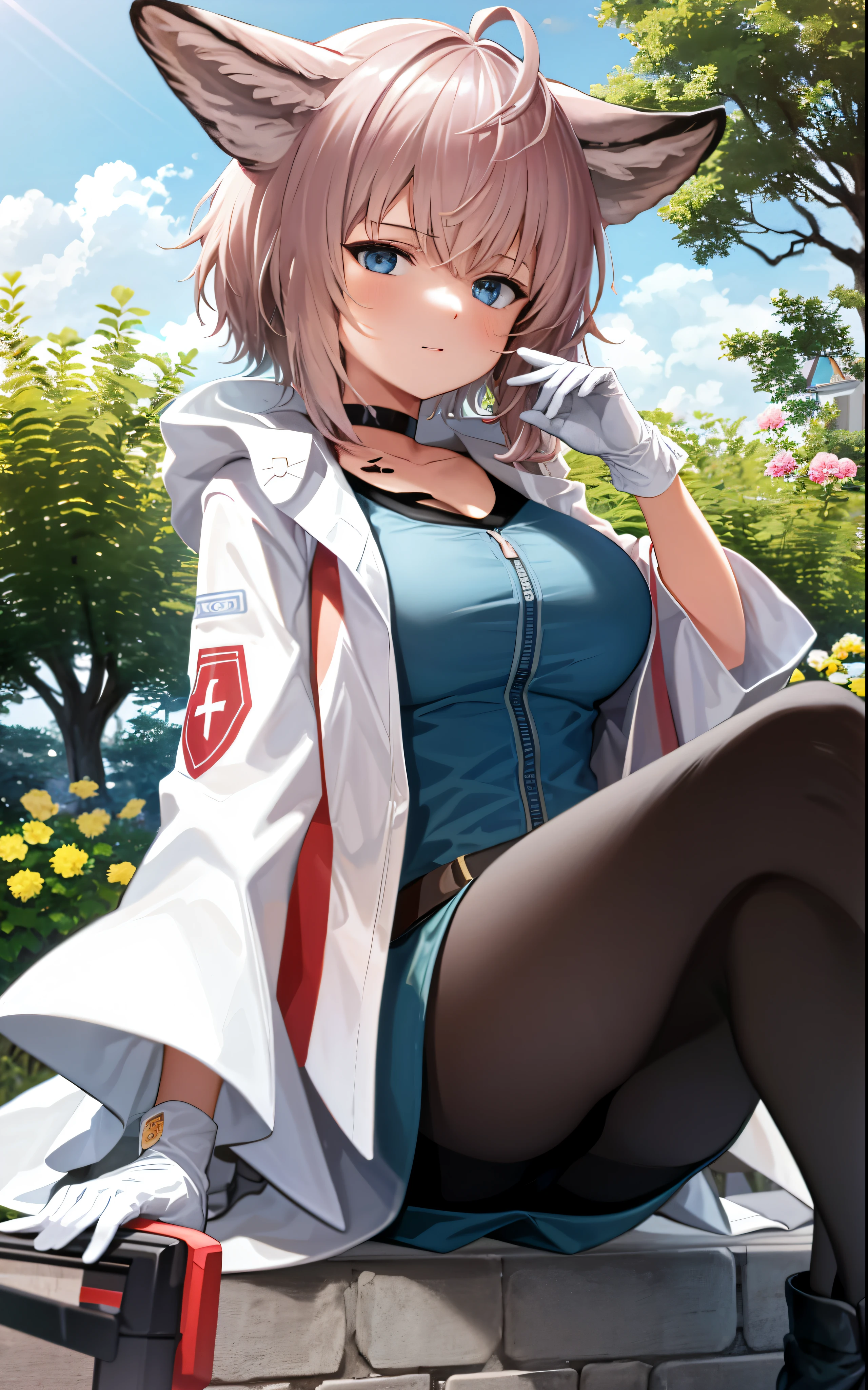 A girl is in the garden, cow boy shooting, Sutherland Hodge, tailcoat., picturesque, vibrant with colors, Soft natural light.(very Bigger breasts),(blackstockings)