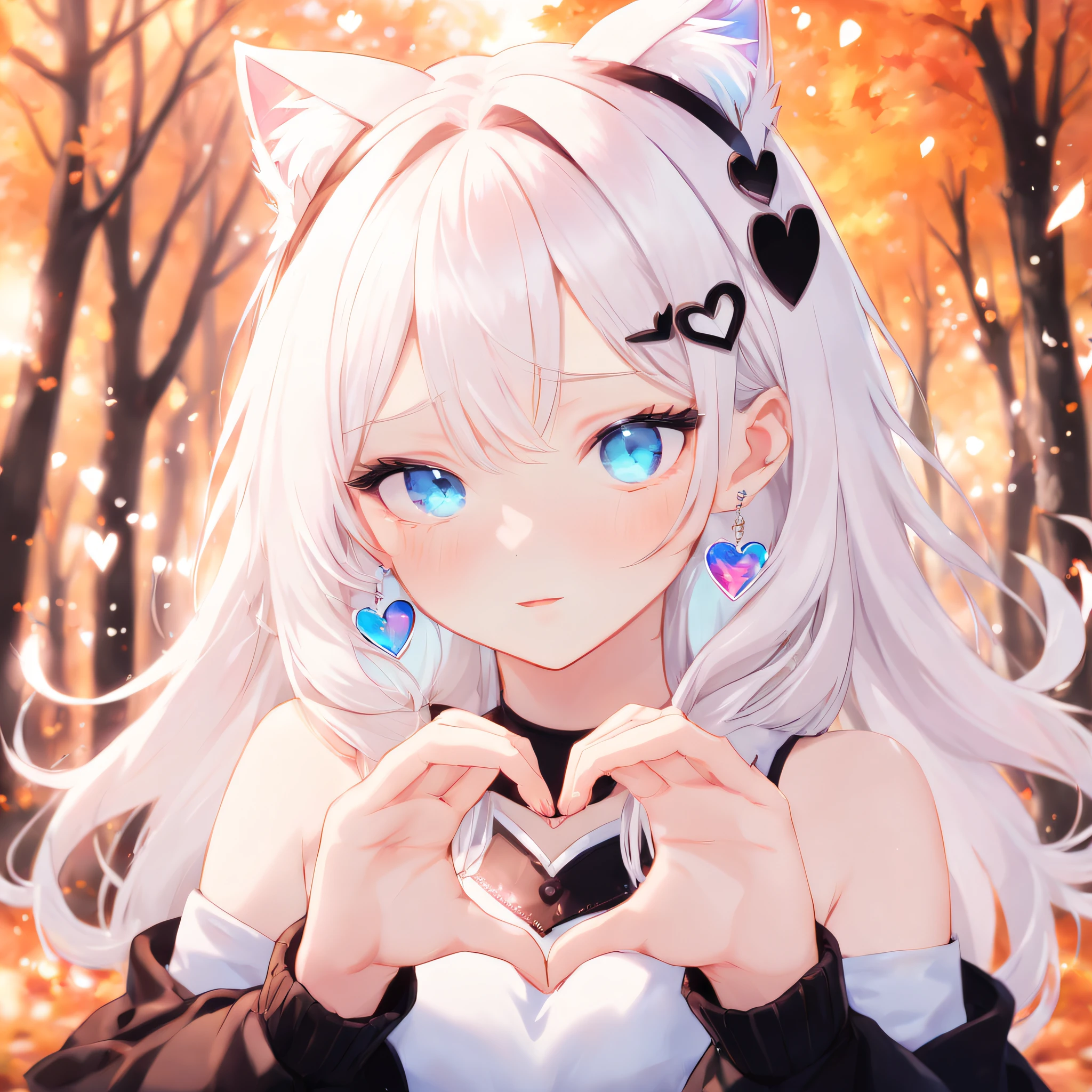 1 girl cat ears,heart shaped hands,Velvet texture earrings，sweetheart,eBlue eyes， Long white hair，bshoulder, shairband, Broken, Extremely luminous and bright design, pastelcolor, (ink:1.3), Autumn lights,(8K, Best quality, tmasterpiece:1.2),(Best quality:1.0), (Ultra-high sharpness:1.0)