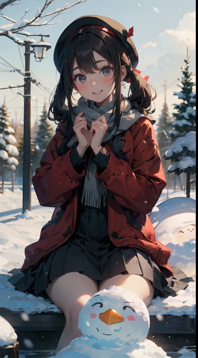 Illustration of a girl making a snowman in a snowy landscape。She wears a red coat and a black skirt.、Her hair is golden twin tails。She wears a scarf and hat on a snowman.、Smiling happily。There is white snow and trees in the background、You can feel the winter atmosphere。The colors are unified in red and white.、Warmth and cuteness are emphasized。（cuteness：1.5）（soothing：1.3）（hightquality：1.2）（Sketched：1.0）