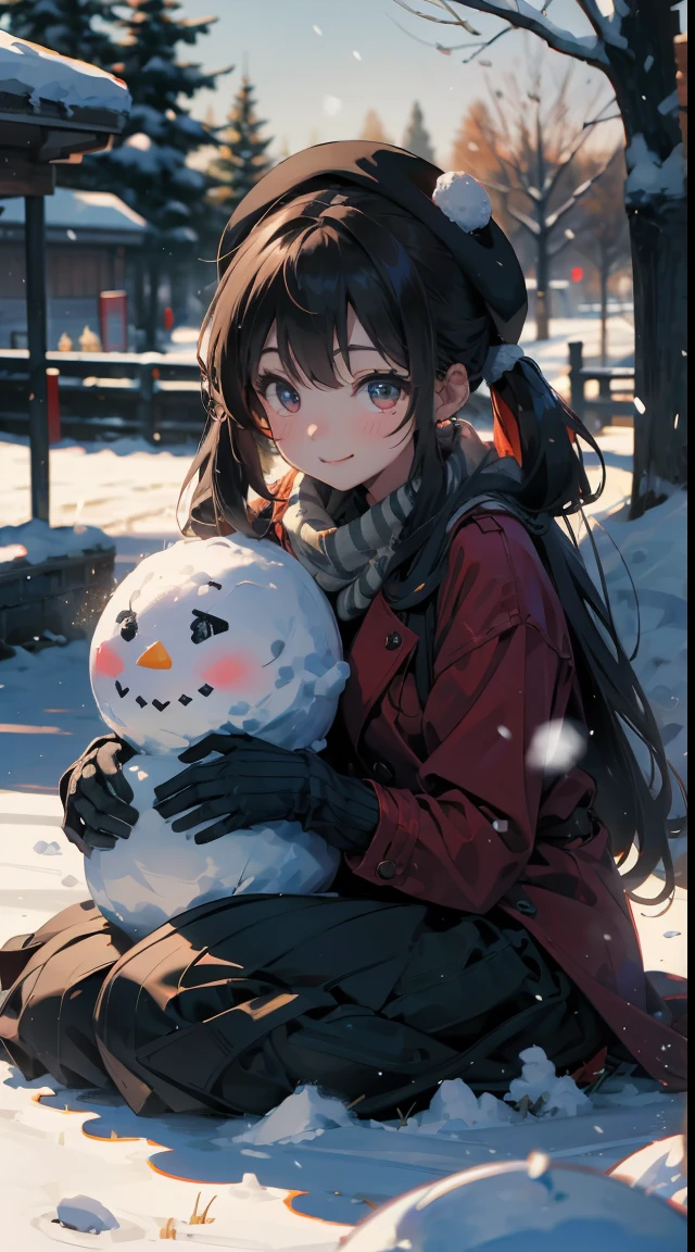 Illustration of a girl making a snowman in a snowy landscape。She wears a red coat and a black skirt.、Her hair is golden twin tails。She wears a scarf and hat on a snowman.、Smiling happily。There is white snow and trees in the background、You can feel the winter atmosphere。The colors are unified in red and white.、Warmth and cuteness are emphasized。(cuteness:1.5)(soothing:1.3)(hightquality:1.2)(Sketched:1.0)
