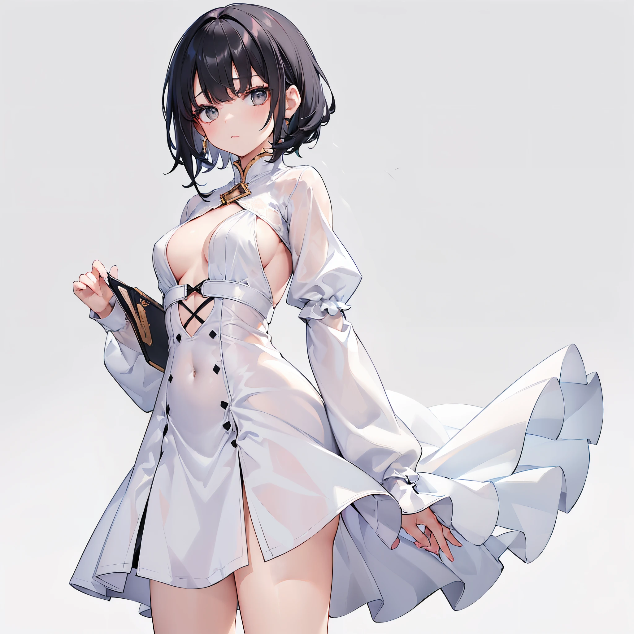(the golden ratio:1.2),Works of masters,[(white paper background:1.4)::10],(8K, Best quality at best, tmasterpiece:1.2),\(Eyes detailed\),\(facial feature\),(\(Clothes detail details\)\),(1 girl:1.2),Alone,Upper part of the body,black hair color hair,messy  hair,Short hair details,Hair on both sides,Qi bangs,(white gray eyes:1.2),short and thin girl,(Wearing an off-white long-sleeved close-fitting dress:1.2),[Show off],Malnutrition,flatchest,[vaguely visible ribs],(Sick:1.2)
