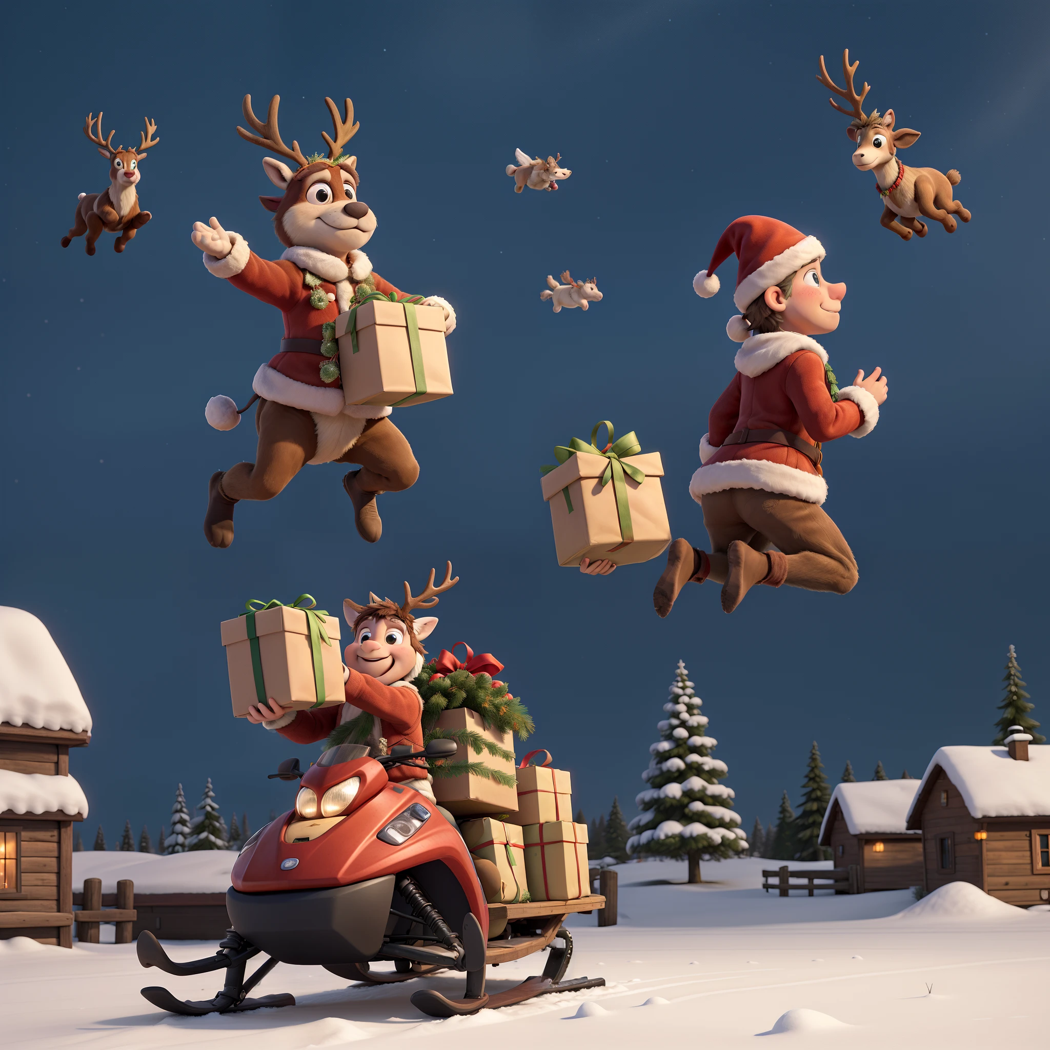 The Christmas reindeer courier leaps up on a snowmobile, carrying a huge Christmas gift package. 45-degree side view, holding the handlebars with both hands, leaning forward, wearing a Santa hat and leaping in the air. A Christmas reindeer rides with bells tied to its antlers. Snowmobile flying in the air