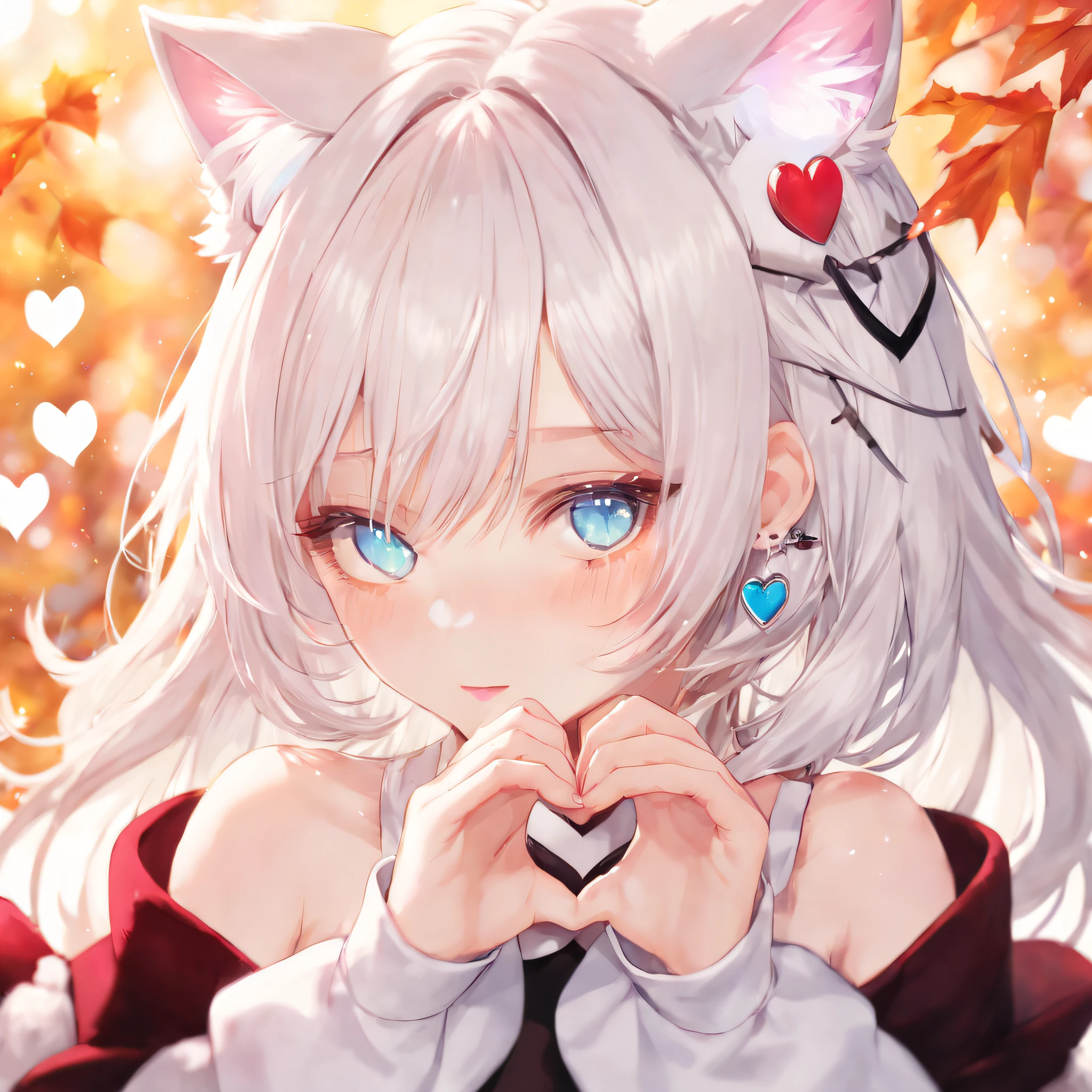 1 girl cat ears,heart shaped hands,Velvet texture earrings，sweetheart,eBlue eyes， Long white hair，bshoulder, shairband, Broken, Extremely luminous and bright design, pastelcolor, (ink:1.3), Autumn lights,(8K, Best quality, tmasterpiece:1.2),(Best quality:1.0), (Ultra-high sharpness:1.0)