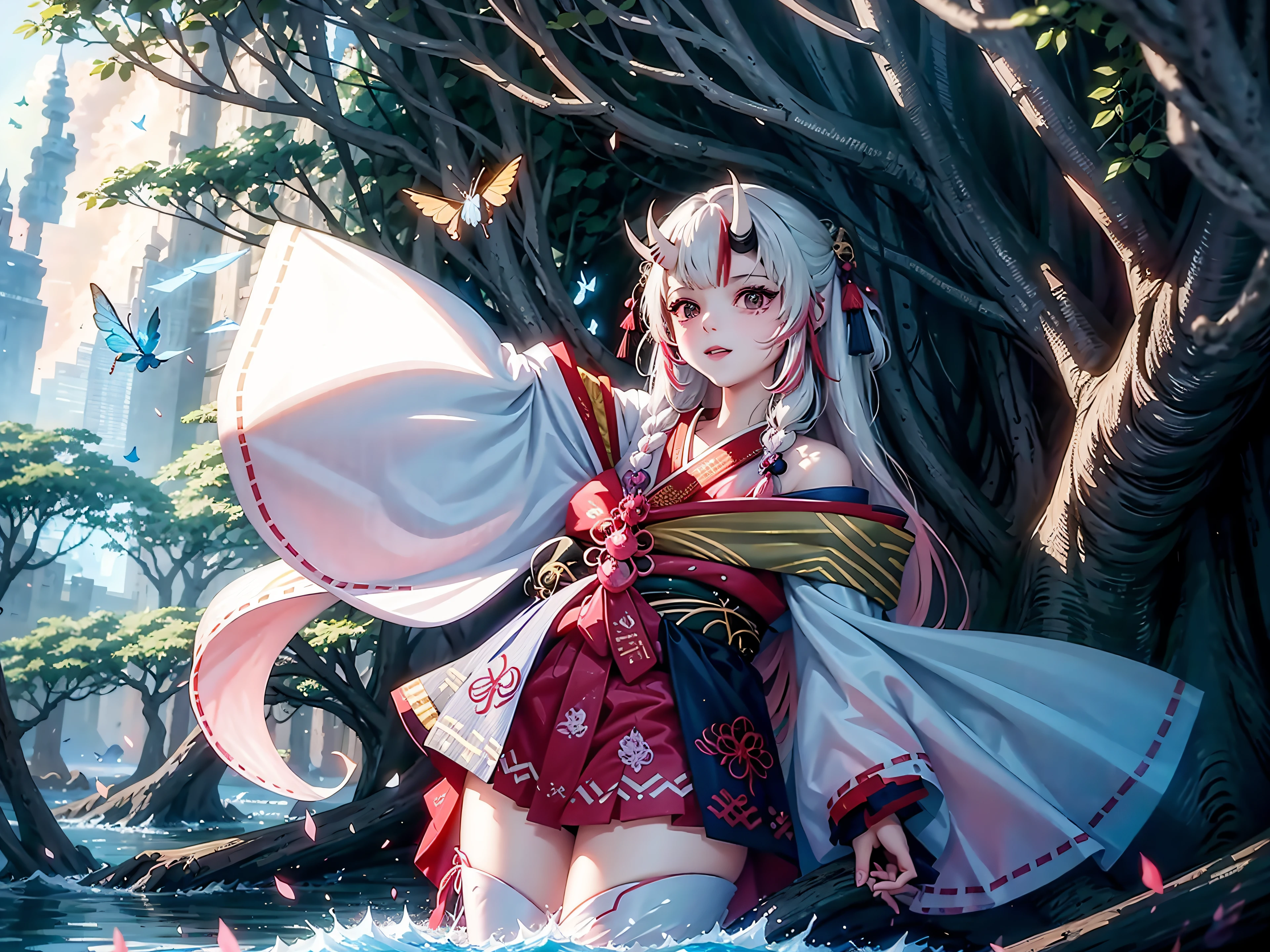 1girl, solo, full body, (masterpiece:1.21), (best quality:1.2), colorful, (illustration:1.2), (cinematic lighting:1.1), (bare shoulders:1.21), (collarbone:1.21)
In this whimsical and fantastical garden, the scene is illuminated by a rainbow of (colorful fireflies), dancing and fluttering in the air. The garden is decorated by a gentle (drizzle), creating a misty and ethereal atmosphere. In the center of the scene, there is a single girl, an extremely delicate and beautiful girl, with cute features and an innocent expression. Her long hair is flowing with the wind. She is wearing no shoulder straps dress, which is ultra low cut, highlighting her delicate curves. masterpiece, best quality, absurdres, perfect anatomy, 1girl, solo, Nakiri Ayame, long hair, braids, AyameShrine, japanese clothes, hakama skirt, white thighhighs, wariza, smile

The lighting is very delicate and beautiful, creating a soft and warm glow that highlights the water, making it sparkle like diamonds. The finest grass is also illuminated, creating a lush and verdant carpet. The garden is surrounded by colorful flower fields, with blooms of every color and shape. (Colorful butterflies), of every shade and size, can be seen fluttering around the scene, adding to the overall sense of wonder and magic. (look ai viewer),A blush can be seen on her nose, and her mouth is slightly open, adding to the overall sense of innocence and youthfulness. Falling petals can be seen floating around her, adding to the overall sense of romance and beauty. A gentle wind is blowing through the scene, making the leaves rustle and the flowers sway, adding to the overall sense of movement and life. This is a scene of pure wonder and magic, filled with color and beauty, where the viewer can lose themselves in the enchanting and captivating world. masterpiece, best quality, absurdres, perfect anatomy, 1girl, solo, Nakiri Ayame, long hair, braids, AyameShrine, japanese clothes, hakama skirt, white thighhighs, wariza