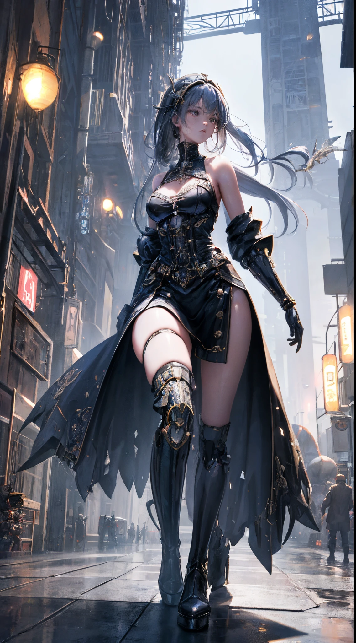 ((Super best quality)),((A very masterpiece)),((super detailing:1.4)),((hyper realistic lifelike 3D)), Dragon Warrior Mecha Girl, Full Body Shot, Cyberpunk, Mechanical body, Dynamic action poses in battle scenes, Mechanical weapons of very complex and heavy fighters, Off-the-shoulder fashion that blends dense and complex steampunk with dense gothic ta, Complex steampunk headgear, very thin long legs, Mechanical boots above the knee, Fluttering lace flared mini skirt, beautiful small breasts directed upwards,Slightly long, vertically curly silver hair flutters in the wind,Countless shining large spheres flying around,Many sparks cross and fly,Countless neon signs rained down from magic-evoking gestures,Steampunk Factory,Complex and precise mechanical ruins,Very dark night background,Very dramatic and cinematic lighting.