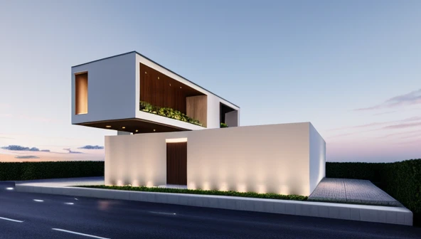 Realistic images, extremely detailed, a modern house, 1 road in font of house, large yard made by ceramic, (1 car), brick fence, lawn, a few small flowers, a road in front of the house,day light, the main materials of the house are white walls and wood, design style Modern design, clear blue sky, sunrise light, light from inside, dynamic light,shimering light, cinematic light, romantic feeling