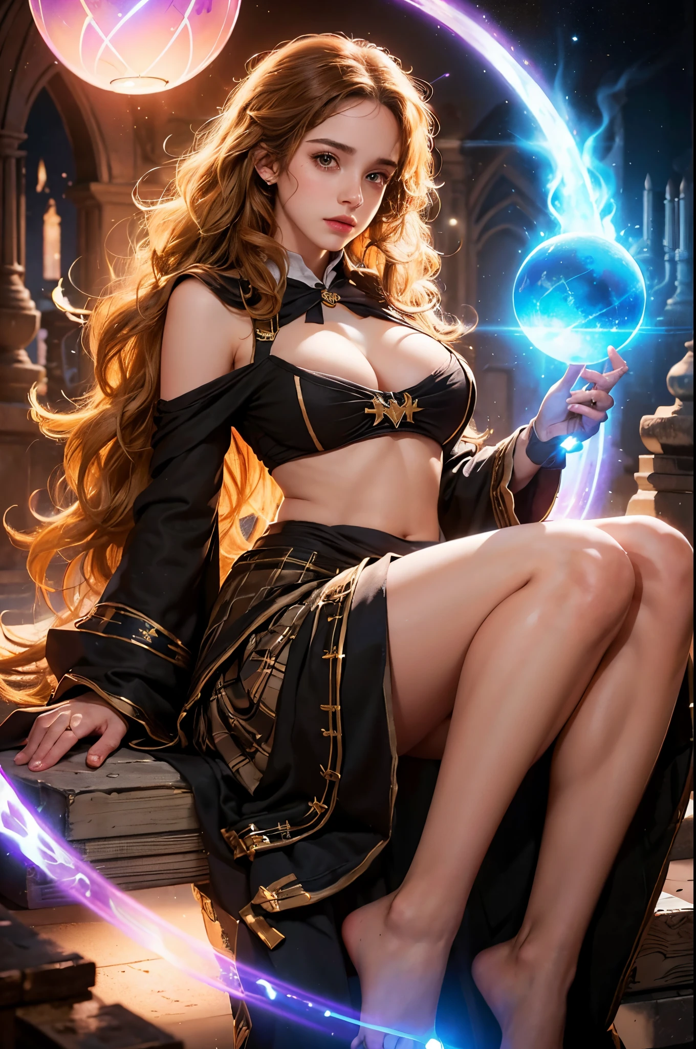 (generate a beautifull hermione granger with (large breast:1,9),wearing black hogwarts uniform, sit on glowing magic orb, spread legs, (gigantic.breast:1,9), (show cleaveage), (show underboobs), (show sideboobs), (show thighs), beautifull face, pretty face, beautifull eyes, beautifull nose, raytracing, beautifull fingers, beautifull hands, (4 fingers in 1 hand), full body photoshoot, pretty makeup, perfect anatomy, good lighting, professional photoshoot, low angel photo, sharp eye, fresh lips, cg realistic, 8k