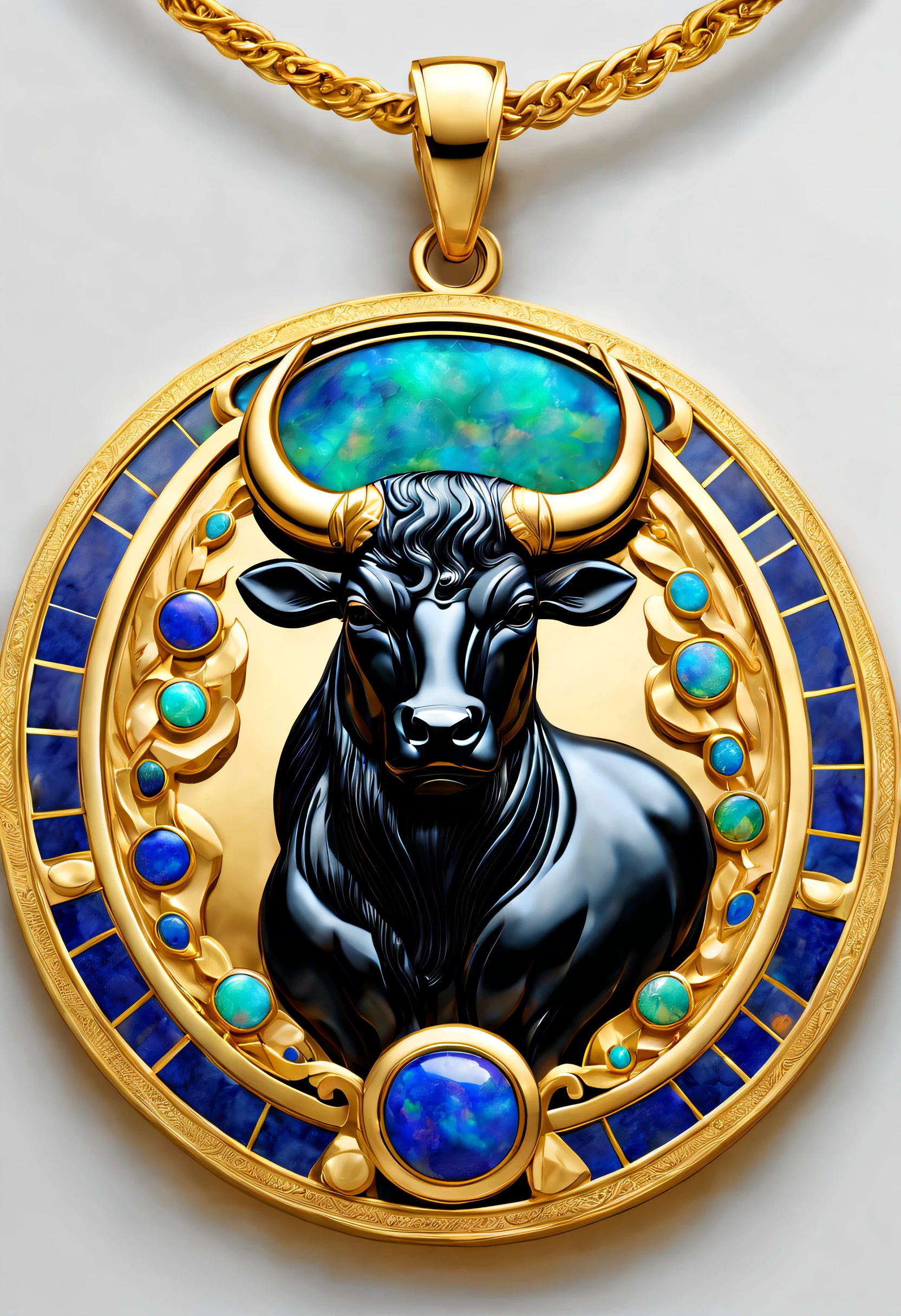 Item design, pendant design, Logo design， (A pendant design for Taurus), （Set double opal）, Black gold border, lapis lazuli，turquesa，black shell，Taurus symbol, （Golden abstract little calf head） Van Cleef & Arpels & alpes , cartier, Background with: The white,The content is very detailed, Best quality, tmasterpiece, A high resolution, hyper realisitc, 8K,