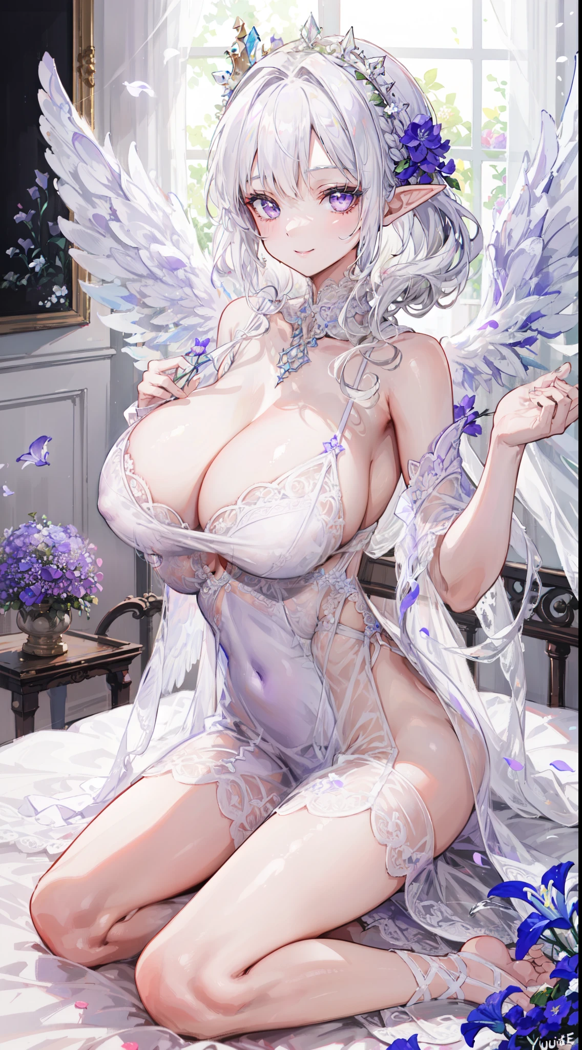 a beauty goddess of elves queen, with a smile on her face and a flower in her hand, (Curly white hair, French Braid:1.2), (purple eyes:1.1), (bed of flowers:1.4), (roses and lilies:1.1), (crystal crown:1.2), (translucent dress:1.2), (sparkles with dew:1.1), (white wings:1.4), (folded behind her:1.3), (lovely:1.2), (gentle:1.2), (warm:1.1), (big breast:1.3), (soft edges:1.3), (digital painting:1.4), (intricate details:1.3), (hyperdetailed:1.2), (faded:1.1), art style by Artgerm, Yusuke Murata