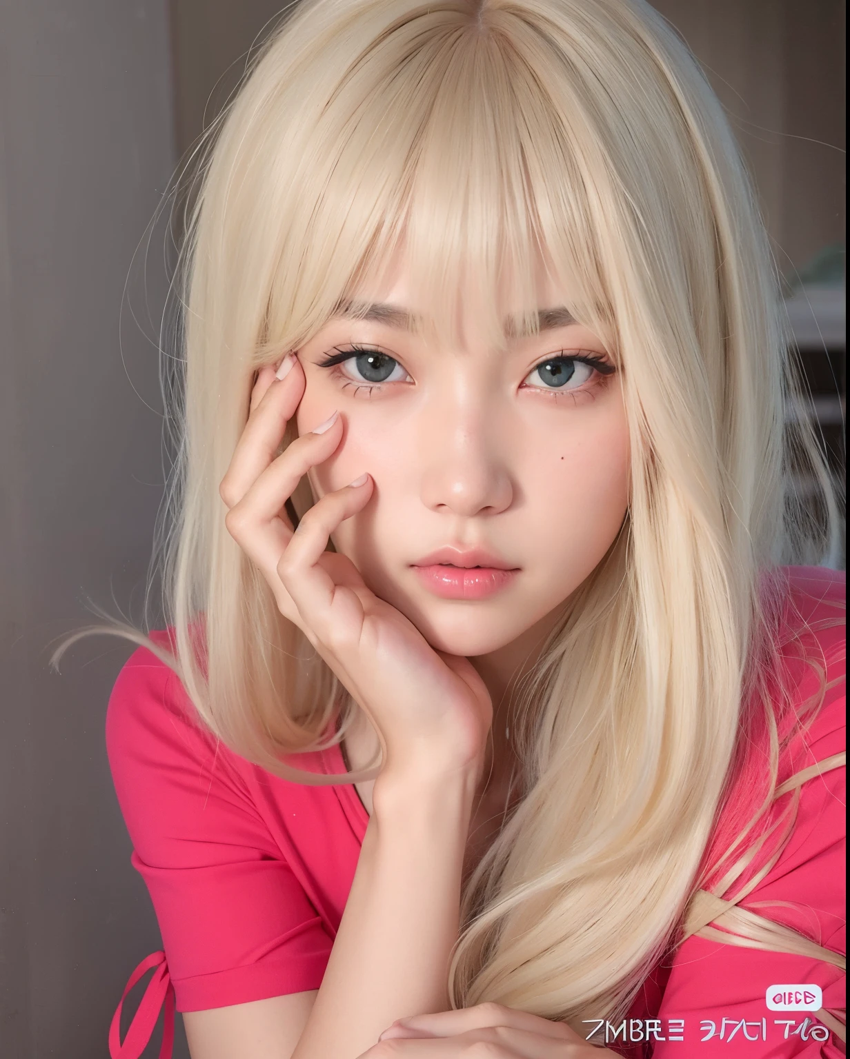 a close up of a woman with long blonde hair and a pink shirt, lalisa manobal, lalisa manoban of blackpink, roseanne park of blackpink, white hime cut hairstyle, long white hair and bangs, with full bangs, ulzzang, white bangs, with bangs, fluffy bangs, hair whitebangs hair, long hair with bangs