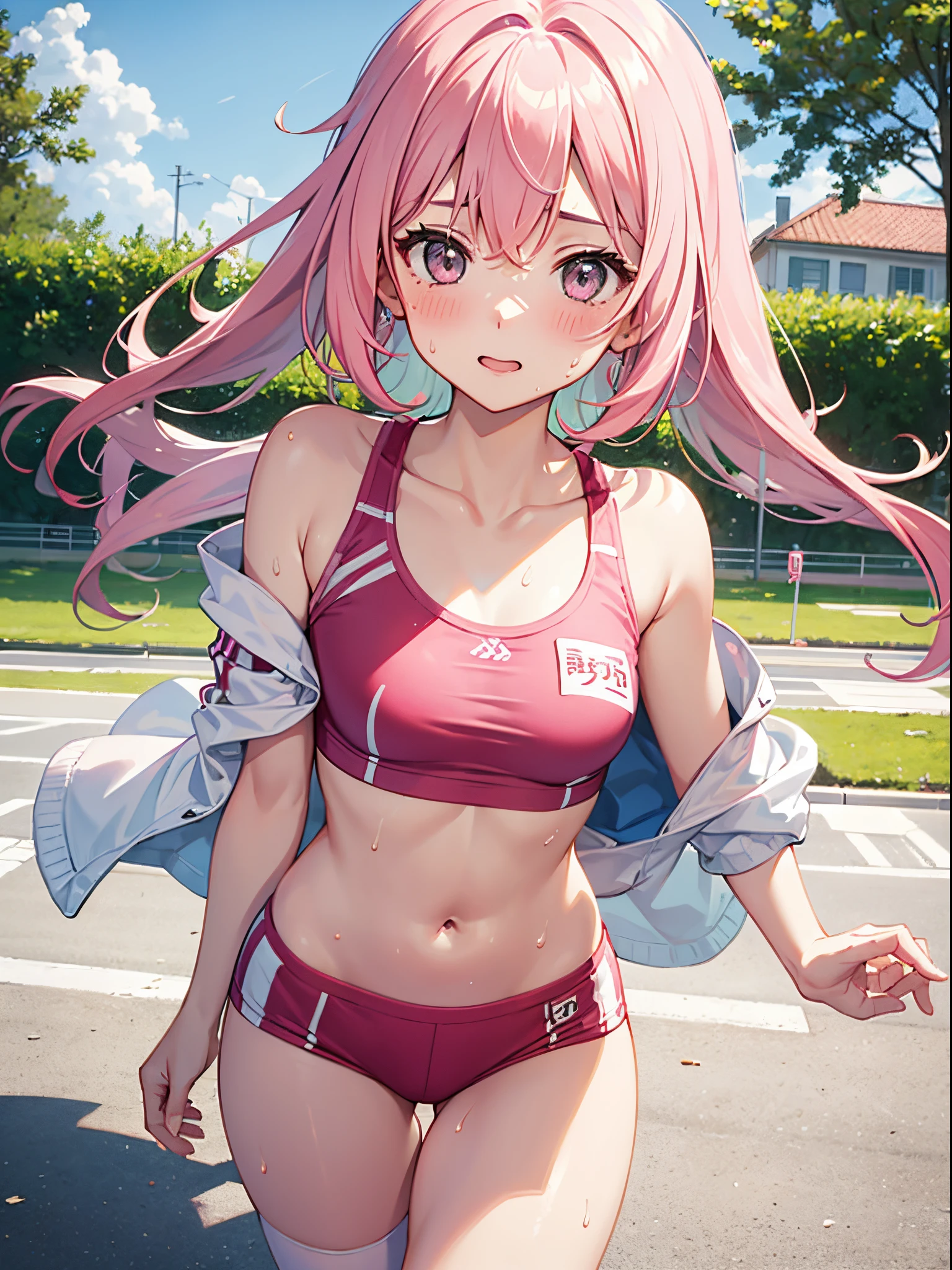 One girl、Pink hair、PastelColors、Cute、blush, tiny chest, Running, White Sports Bra, morning, Park, Sweat