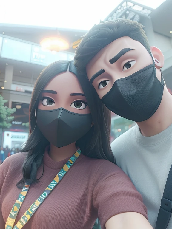 there are two people wearing masks and taking a selfie, wearing all black mempo mask, wearing facemask, jordan grimmer and natasha tan, wearing mask, pablo carpio and jordan grimmer, tyler edlin and natasha tan, some of them use gask mask, wearing a mask, mask, with ivy, at a mall, masked, in background