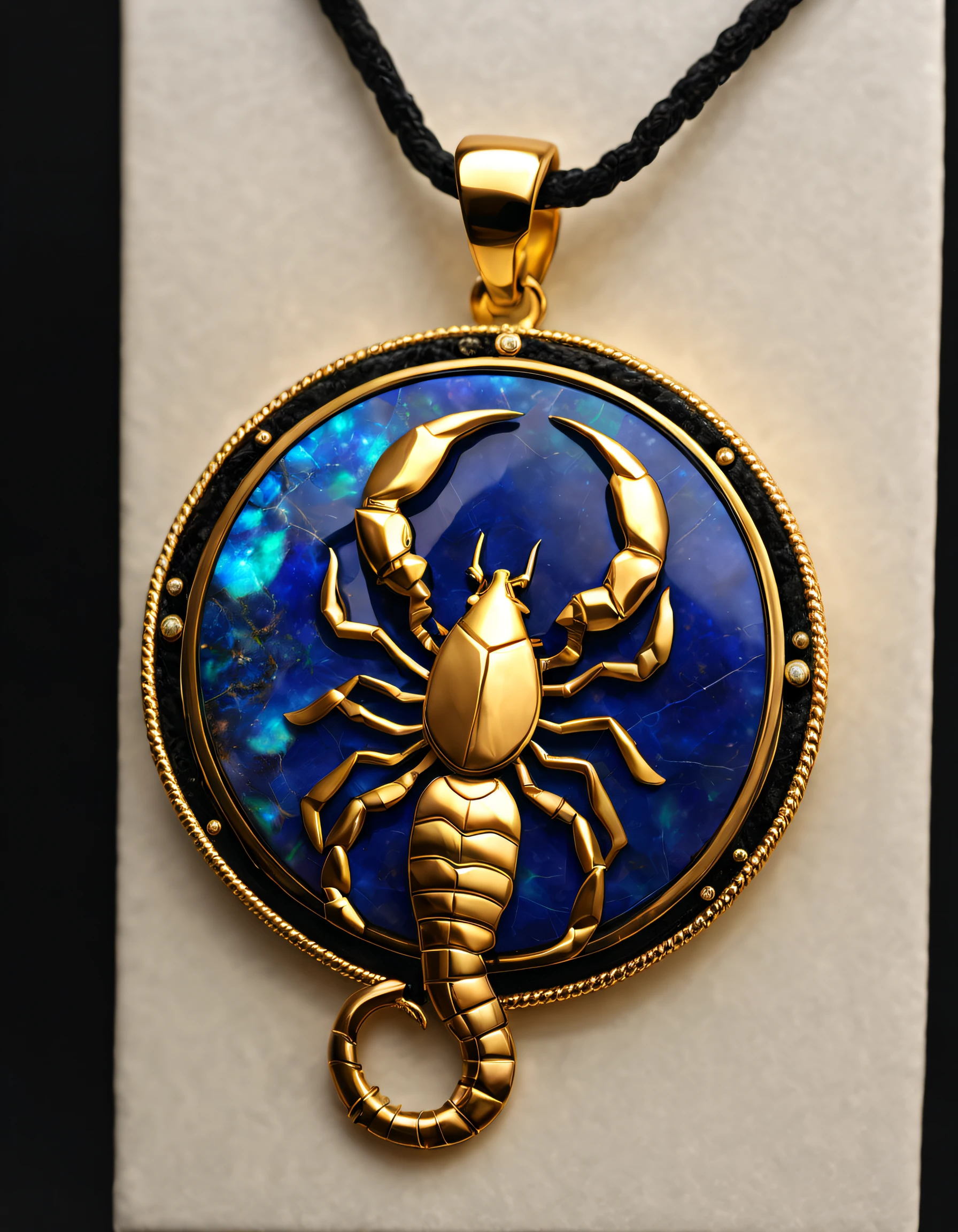 Item design, pendant design, Logo design, (Scorpio pendant design), (Set double opal), Black gold border, lapis lazuli,turquesa,black shell,Taurus symbol,( Golden freehand little scorpion), Van Cleef &lifier; alpes & alps , cartier, Background with: The white,The content is very detailed, Best quality at best, tmasterpiece, A high resolution, hyper realisitc, 8K, Cyclic lighting,