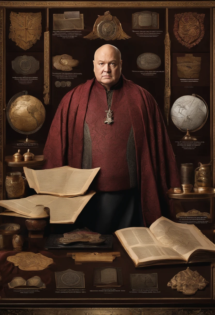 A photo of a meticulously organized board with various pieces of information and documents spread out,HBO's Game of Thrones,Varys is a heavier set bald man, who wears fine embroidered robes, famously portrayed by Conleth Hill