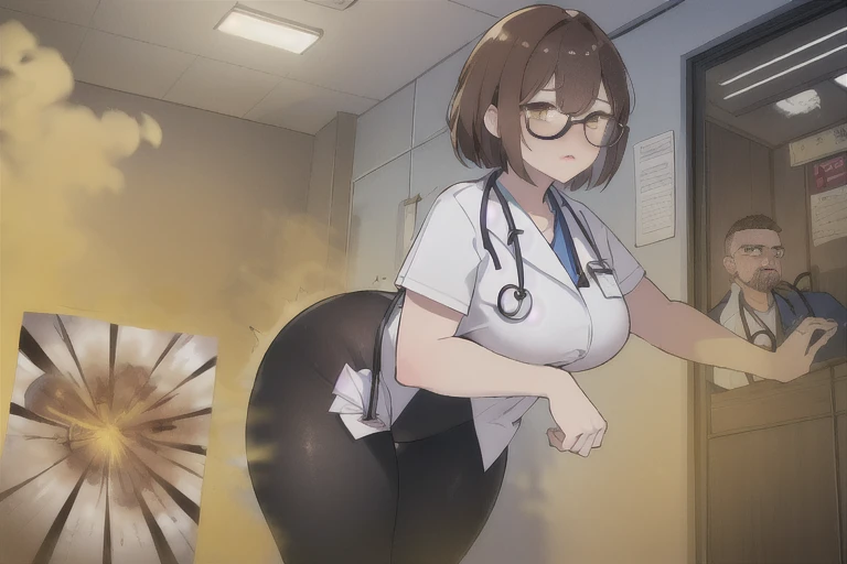 ((Brownhair wolfcut))),wear the glasses,a stethoscope hung around her neck,Yellow smoke,Attacked by farts, Attack with Farts,)),(attacks the male patient with farts)),((wearing a tight legging and doctor shirt)),velocity,, (((Yellow smoke is rising ))),((Hip Attack)),((),((Facing this way))),masterpiece:1.2、top-quality)、(the Extremely Detailed CG Unity 8K Wallpapers、ultra-detailliert、Best Shadows)、(细致背景)、(The best lighting、extremely delicate and beautiful)、depth of fields,((Girl fart)),(big fart),(((((There is a male patient and a female doctor.......))))),(((Female doctor attacks male patient in the face with a hip attack..))),(((high-handed female doctor)),(((A male patient who endures pain))),(her fart make male patient get cough),((she farted so hard her tights ripped)),(big fart)),((big boob)),((big butt)),(,((fart text)),(THE TEXT:BBRRPPHHH)),((doctor room))
