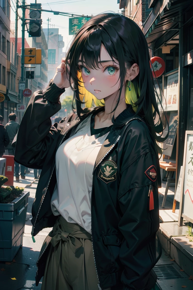 masterpiece、white backgrounid、18-year-old woman、Casual attire such as a black or green jacket、A dark-haired、waist-length hair、Character setting drawing