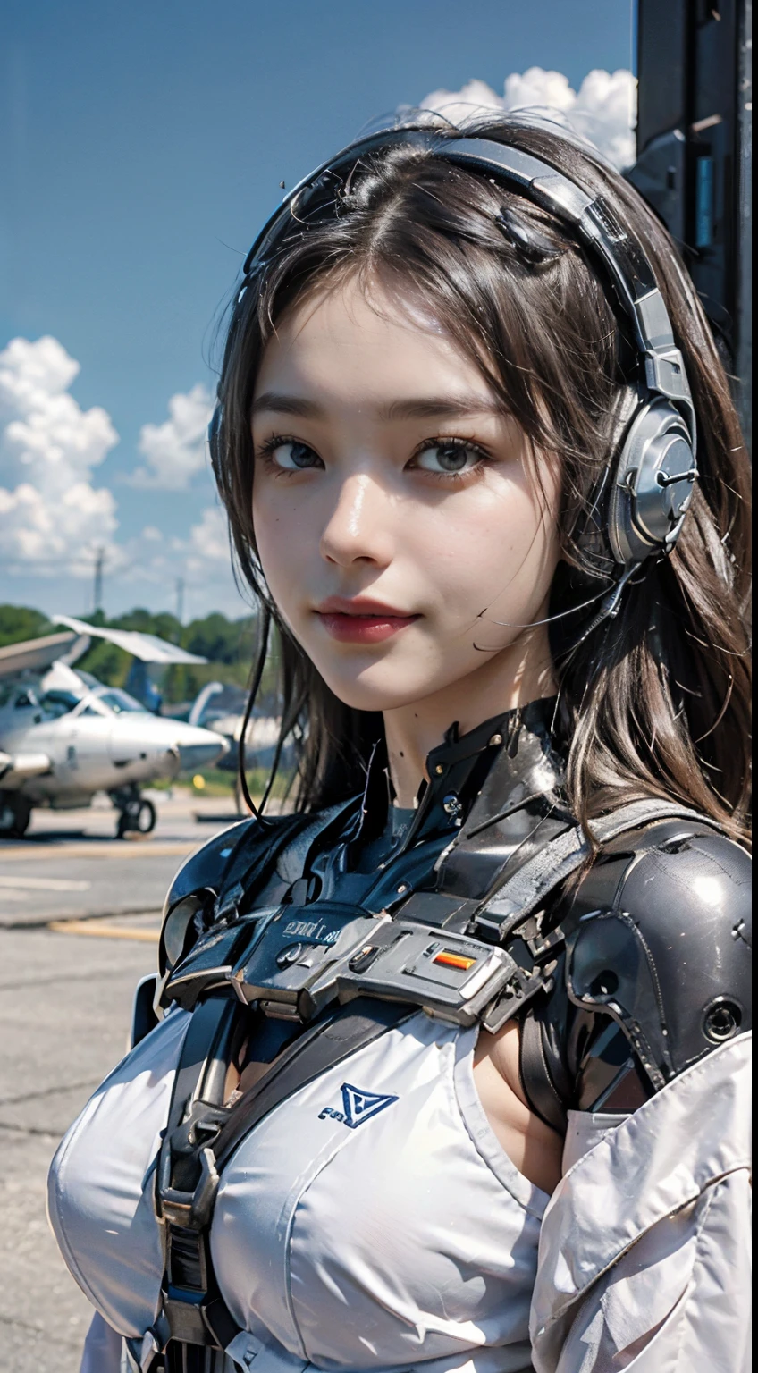 8K, best quality, masterpiece, super high resolution, (realism: 1.4), girl futuristic suit, in the sky, in cockpit, on the clouds, air battle, falling plane, mechanically built bird, real woman, cleavage, real face, cute girl, smile, perfect cyborg girl wearing sci-fi headphones, beautiful female , beautiful girl cyborg, silver hair, manipulator, CG,