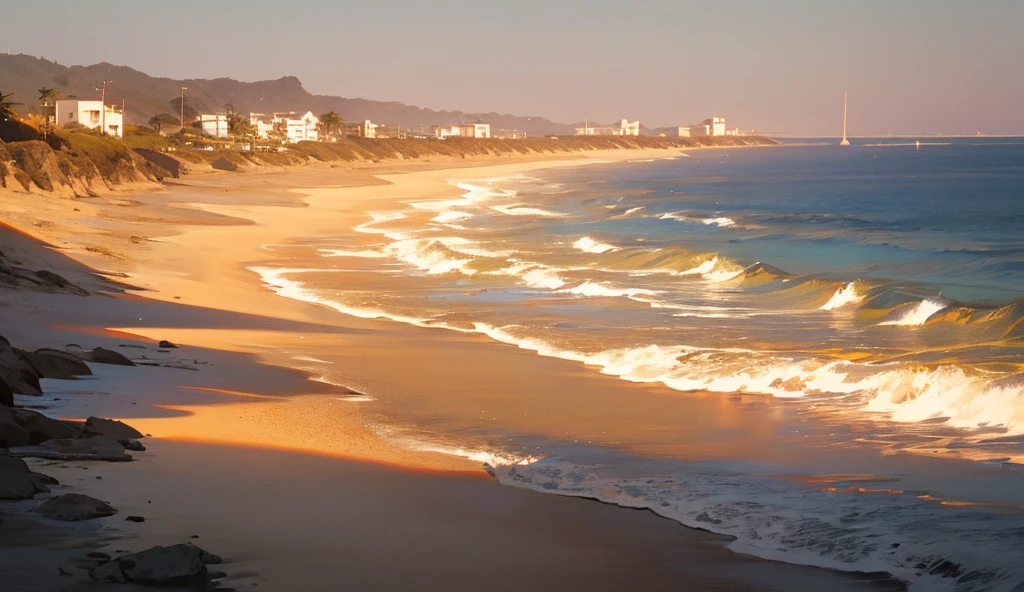 Create an image with a serene natural setting, like a quiet beach with calm waters and white sand.
