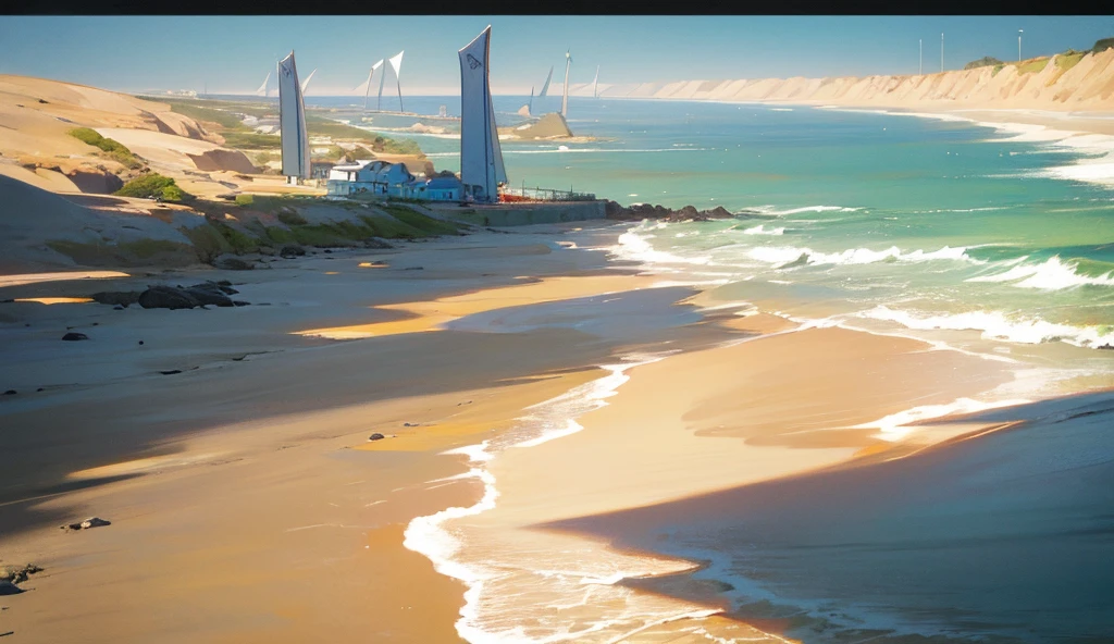 (((surreal)))、(((alta resolução)))、(em 8K)、 (((ighly detalhado)))、(qualidade superior、obra prima:1.3)、((Sharpnes))、light cinematic、full view、a praia、Praia de areia branca、 que caminha na praia、Distant horizon、Ondas distantes、Na nuvem、sol brilhante、O sol nasce alto、Midsummer、From a panoramic view with a message, (((Que seu dia seja ainda mais lindo.)))
