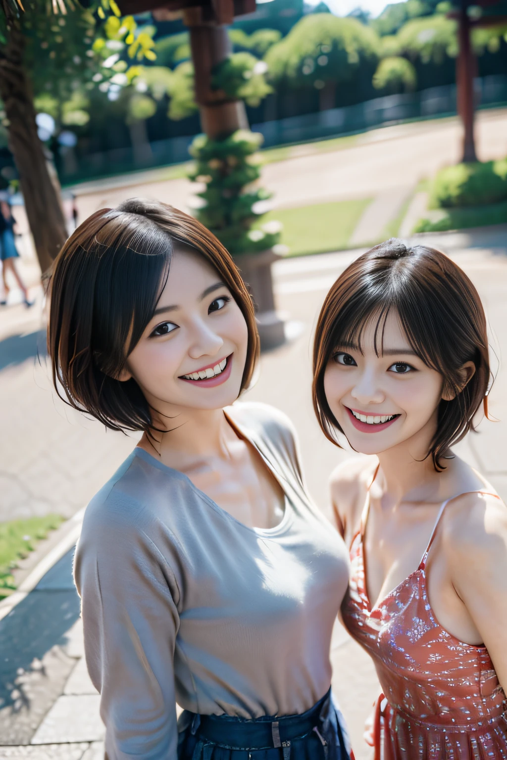Beautiful women having fun at the theme park、short-haired、Beautiful Japan actress、(realisitic、photoRealstic:1.37)