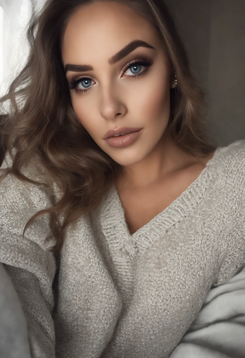 Arafed Mujer totalmente , Chica sexy con ojos azules, ultra realista, meticulosamente detallado, Retrato Sophie Mudd, cabello rubio y ojos grandes, selfie de una mujer joven, Ojos del dormitorio, Violeta Myers, sin maquillaje, Maquillaje natural, staring directly into camera, cara con artgram, maquillaje sutil, Impresionante foto de cuerpo completo arrodillado en la cama, En el dormitorio, Medium to large size bust, que se le vea claro el rostro, retrato