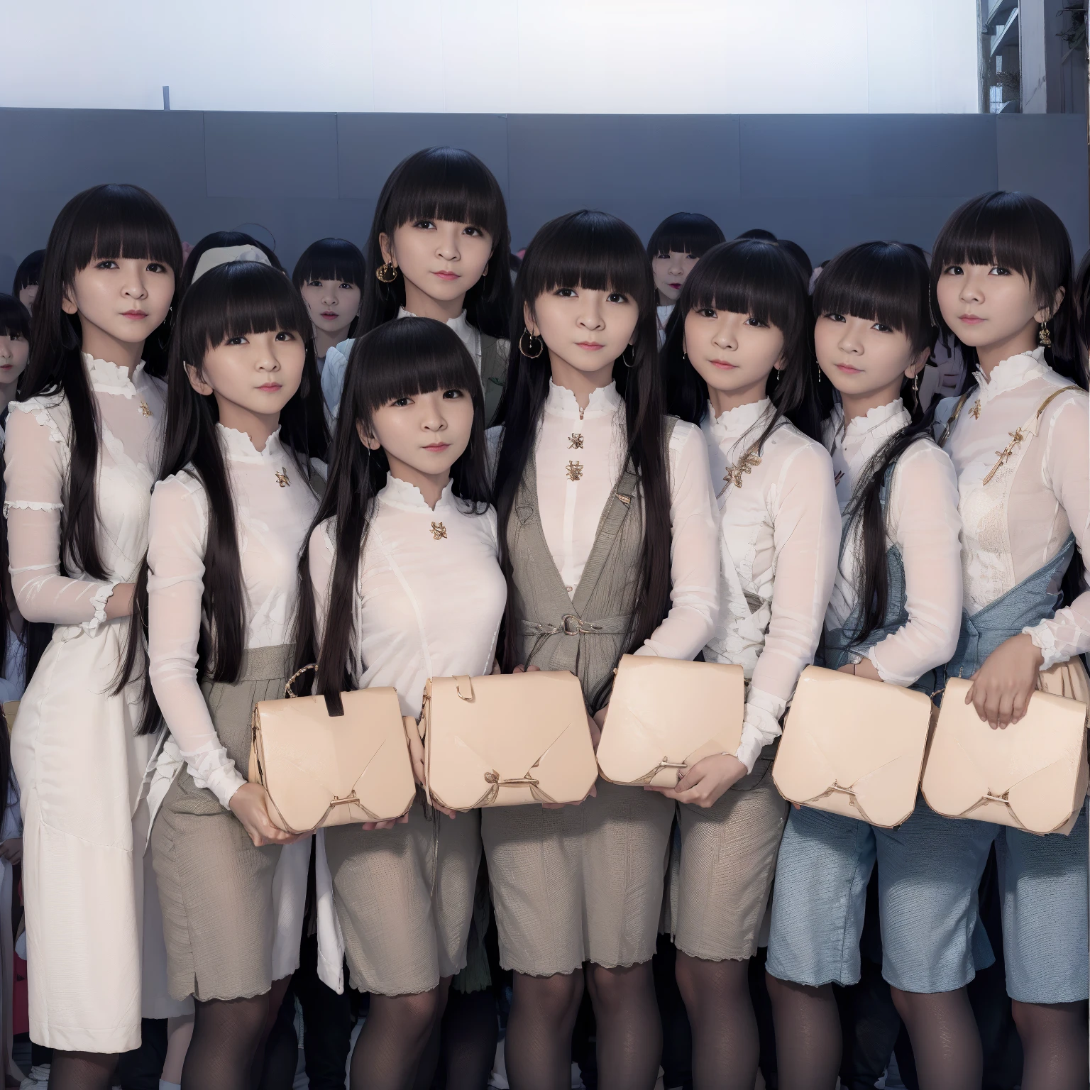 Raw photo、(((multiple girls))),((((6+girls)))),(((crowd shot))),Women only、The same face、School Uniform、************、Long black hair、10 cute girls、ssmile、Selfie stick、‎Classroom、(((Large group)))、a junior high school student