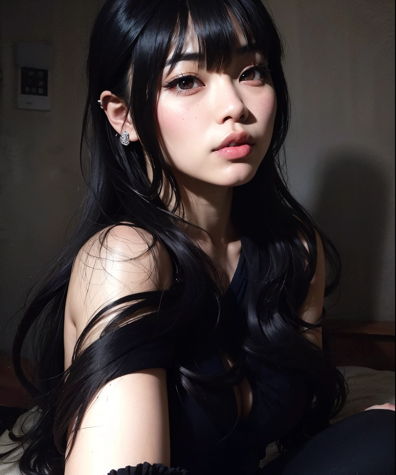 araffed asian woman with long black hair and piercings, she has black hair with bangs, cruel korean goth girl, long dark hair with bangs, ulzzang, long black hair with bangs, black hime cut hair, hair blackbangs hair, with long hair and piercing eyes, long hair with bangs, asian girl with long hair, black wavy hair with bangs