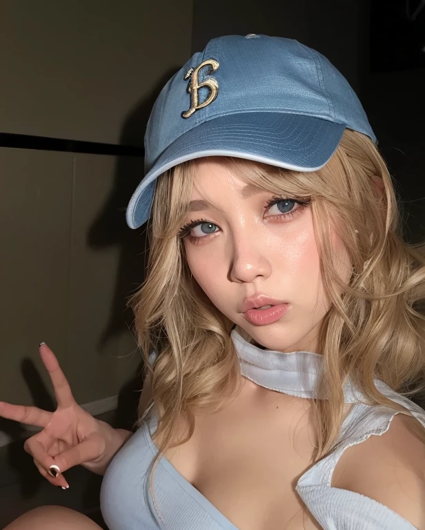 Mujer rubia con sombrero azul y vestido azul posando para una foto., Modelo IG | Artgerm, Hermosa Delphine, ulzzang, Sakimichan, with baseball cap, wearing a baseball cap, wearing a baseball cap, Retrato de Kim Petras, 8k selfie photograph, Lalisa Manobal, con una gargantilla y un lindo sombrero