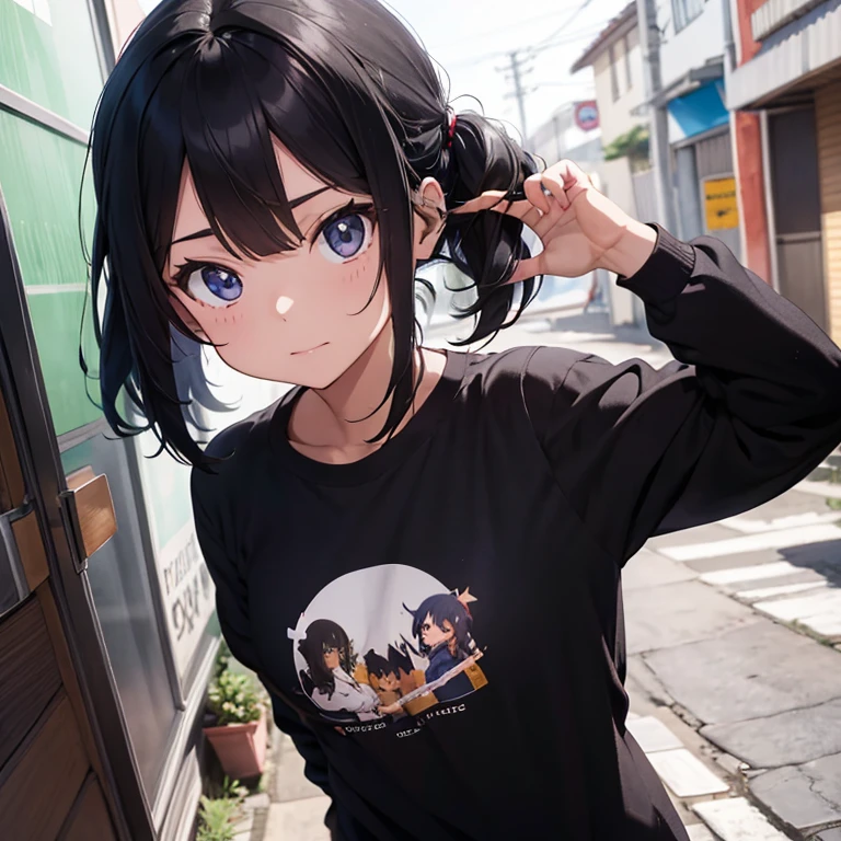 garotinha de anime fofa usando uma camisa social preto de cabelo preto e curto