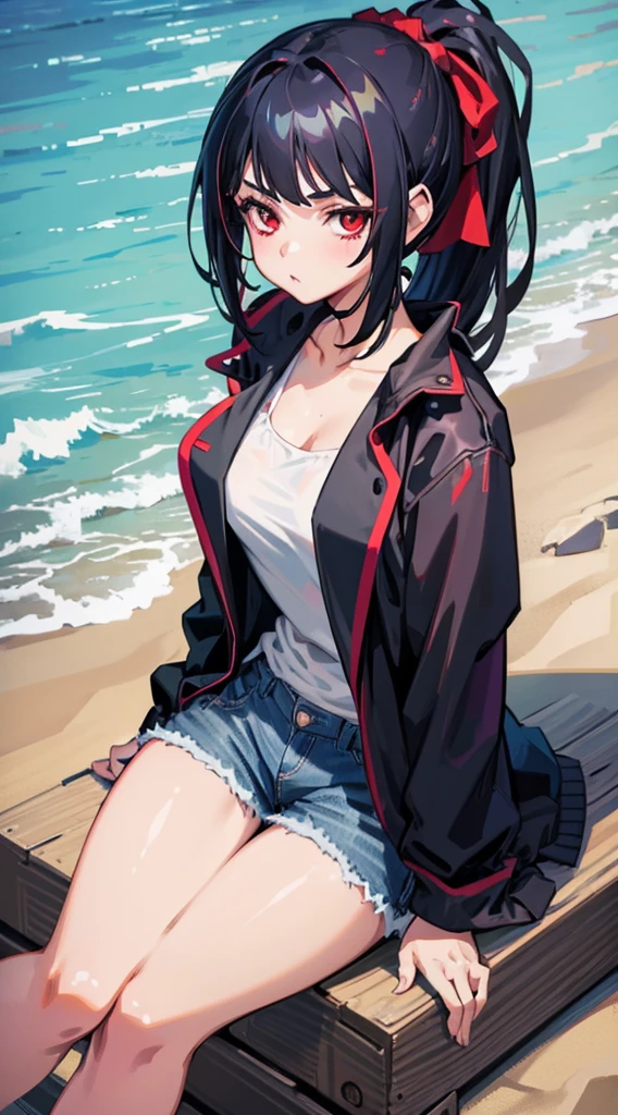 1 girl, black hair, red eyes, wearing a jacket, sexy, beach, short jeans, detailed face, detailed clothes, beautiful, ponytail, sitting on the sand, sexy pose